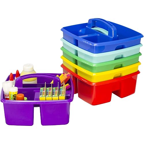 Storex 3-Compartment Small Caddy – Multipurpose Classroom Organizer with Handle, Assorted STEAM Colors, 6-Pack (00940A06C)