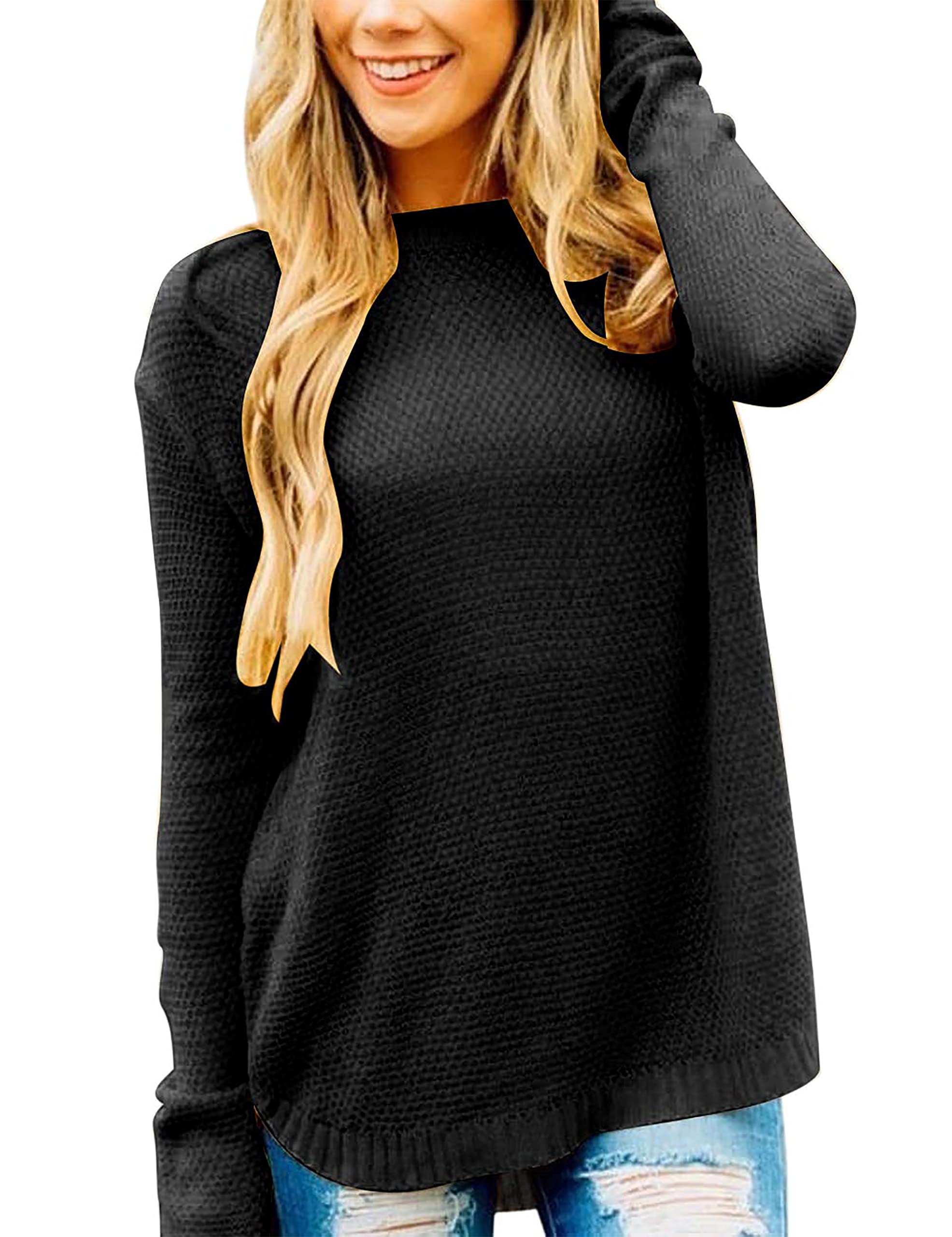 Timuspo Womens Long Sleeve Jumpers Knitted Crew Neck Oversized Sweatshirts Solid Pullover Sweater Ladies Tops
