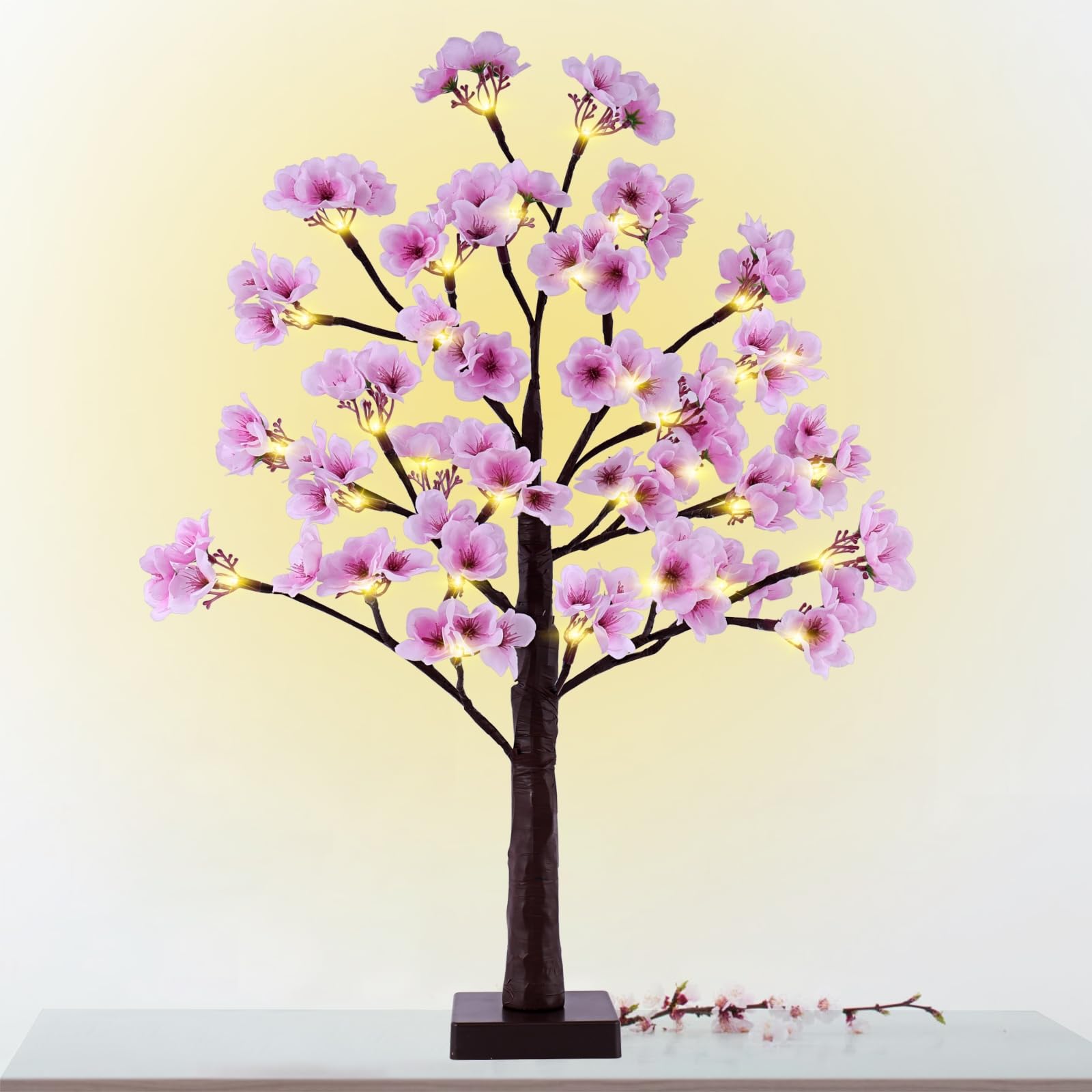 24 Inch Lighted Cherry Blossom Tree Battery Operated 2FT 28 Warm White LED Artifical Bonsai Tree with 84 Lush Flowers, Timer USB Plug for Wedding Party Spring Christmas Home Decoration