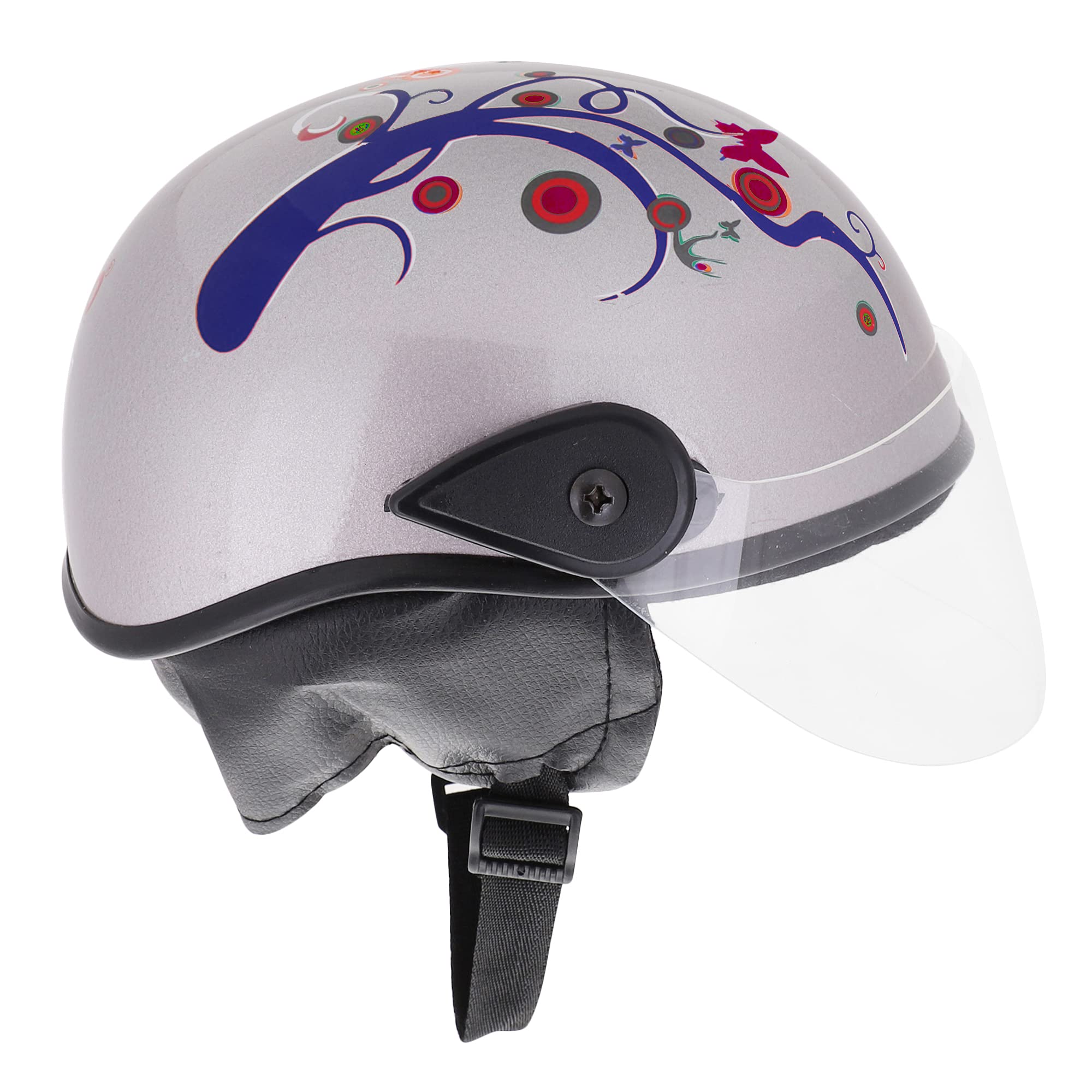 Western Era Unisex Half Helmet for Men & Women | Clear Visor | Comfort & Safety | Enhanced Design | Color - Silver Glossy || Blue Decal (Small)