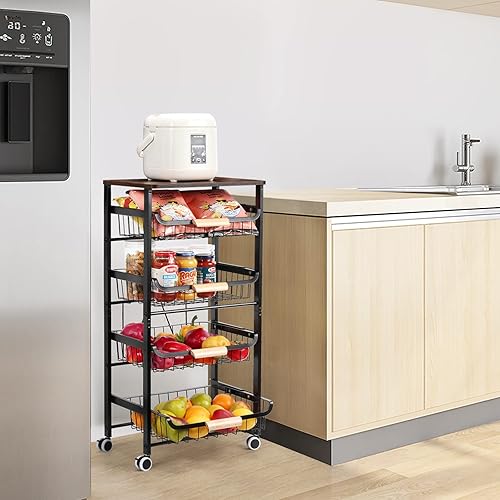 Miniatura 5 de Carrito de almacenamiento de cocina con ruedas, carrito de 5 niveles de metal con ruedas, cesta de malla con mesa de madera para almacenamiento de