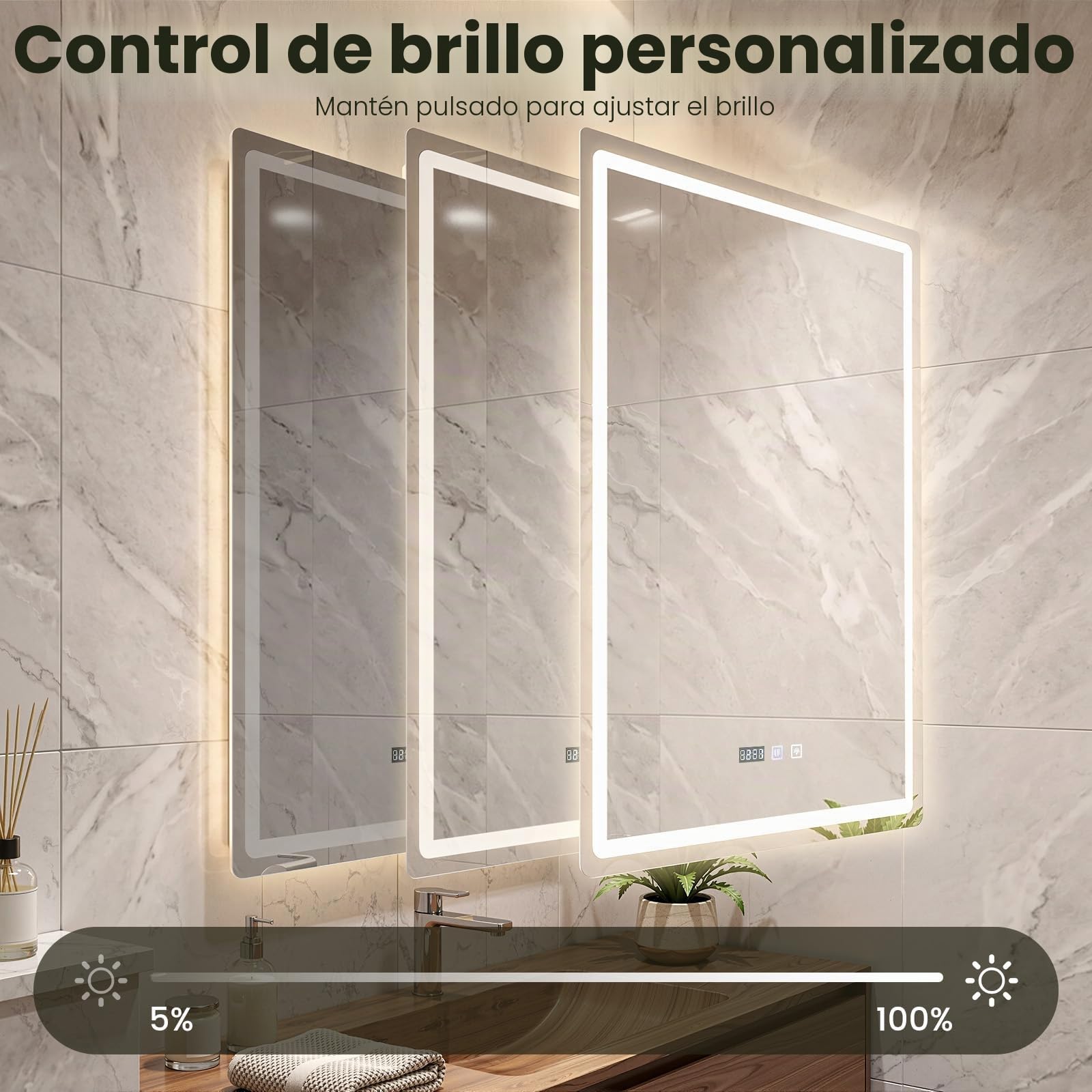 Espejo de baño con iluminación 60 x 80 cm, espejo LED con 3 colores de luz regulable, antivaho, espejo de pared LED horizontal/vertical para baños, lavabos (60 x 80 cm)