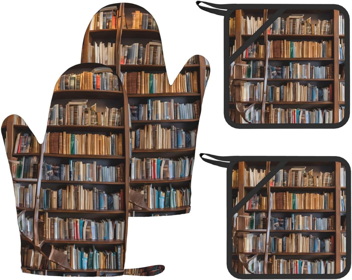 Books Oven Mitts and Pot Holders Set of 4 Heat Resistant Kitchen Gloves with Silicone Palm Hot Pads for Baking Cooking Grilling BBQ