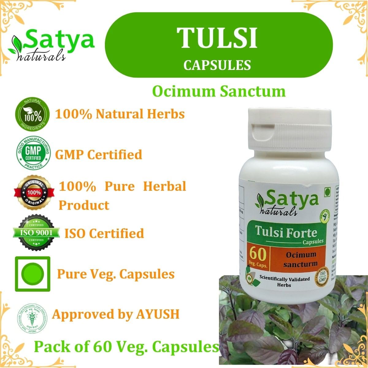 Ocimum Sanctum (Tulsi, Basil) Extract Capsules | Highest Potency, 100% Herbal Product | Pack of 60 X 500 mg. Veg. Capsules (Pack of 1 Bottle) — Amazon image 4