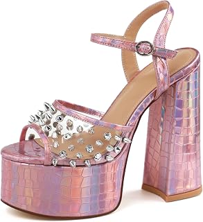 Chunky Platform Heels for Women Club Punk Platform Sandals Rivets Evening Heels Transparent Ankle Strap Heels