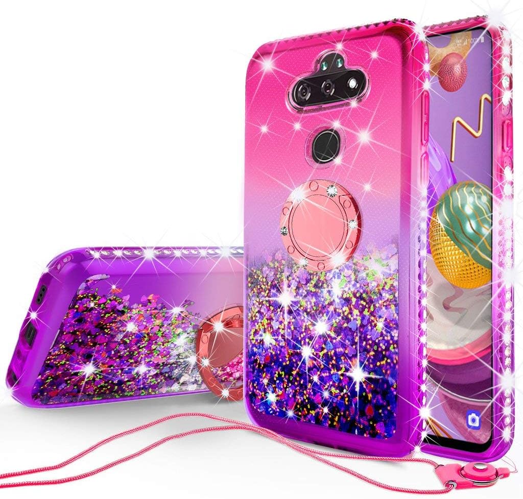 GW Case Compatible for LG Aristo 5 Plus/Aristo 5/K31/Phoenix 5/Fortune 3/Risio 4/Tribute Monarch/K8X w/Tempered Glass Screen Protector Liquid Quicksand Glitter Ring Kickstand - Hot Pink/Purple
