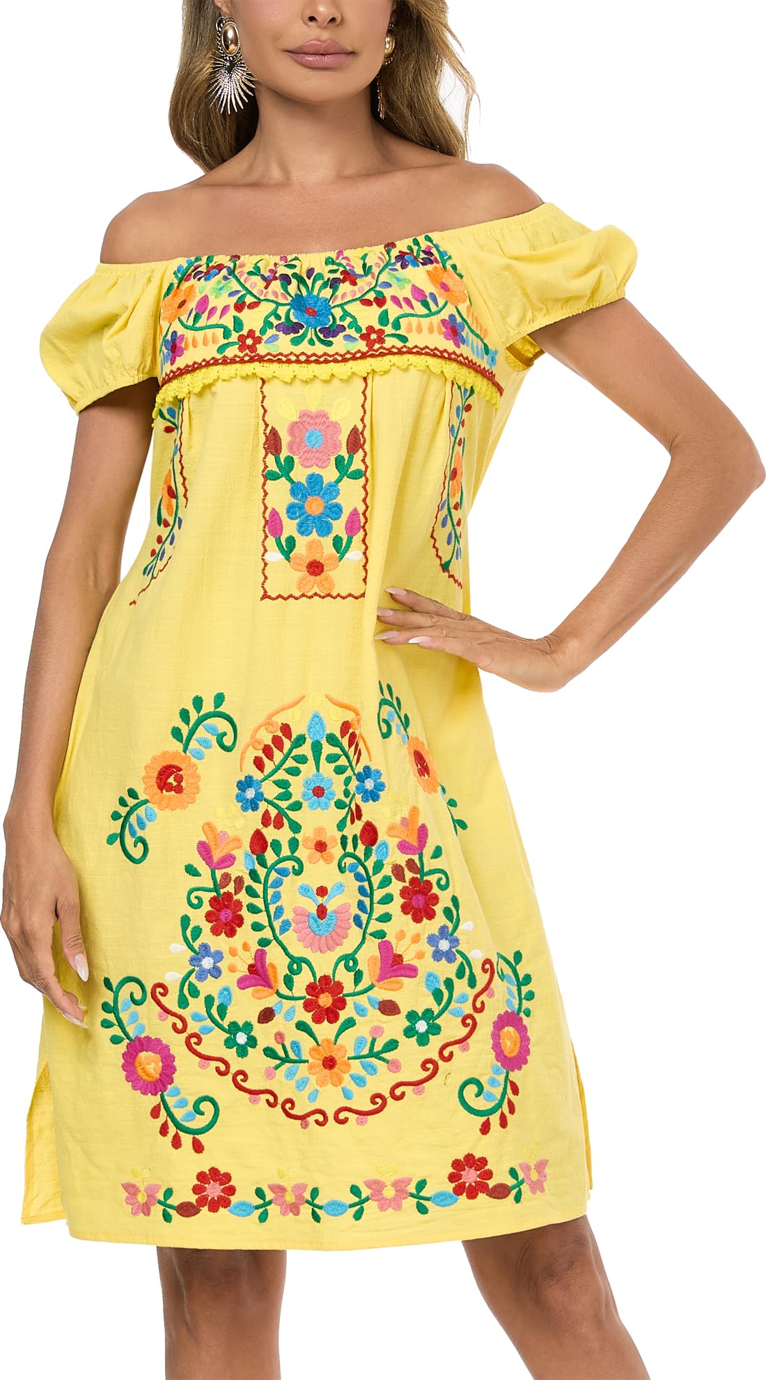 YZXDORWJ Women Mexican Embroidered Dress Casual Loose Bohemian Floral Dress Short Sleeve Long Maxi Summer Beach Swing Dress