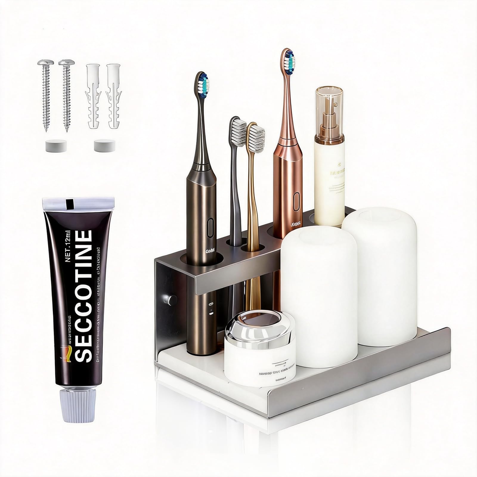 Electric Toothbrush Holder, Self-Adhesive or Drilled Installation, Stainless Steel Toothbrush Holder with Absorbent Diatomite Tray, Multi-Functional 4-Hole Wall-Mounted Toothbrush Holder for Bathroom