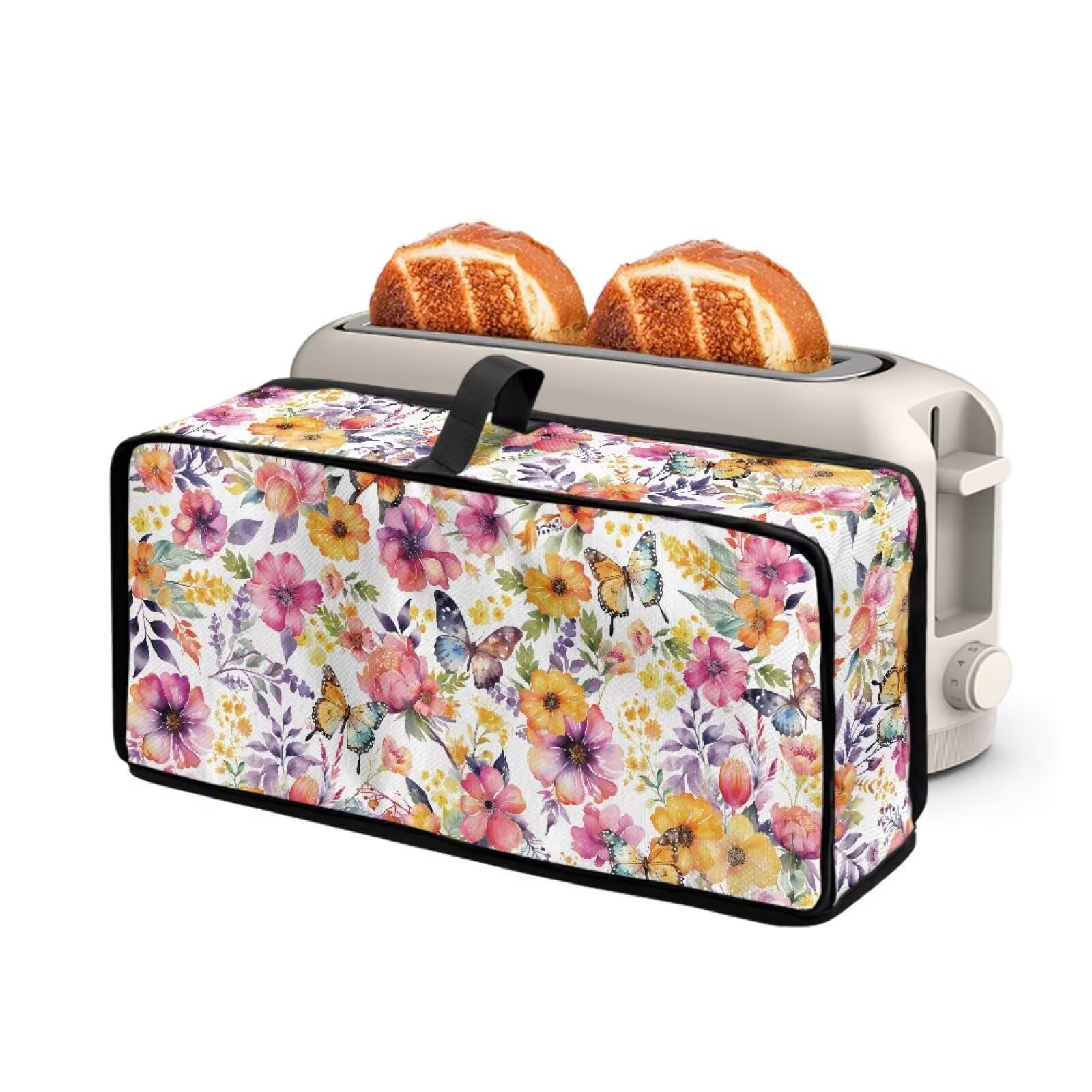 Watercolor Floral Butterfly Slim Toaster Dust Cover Bakeware Protector Compatible with 2 Slice Long Slot Toasters Top Handle Design Dust Protection Anti-scratch Kitchen Appliance Cover