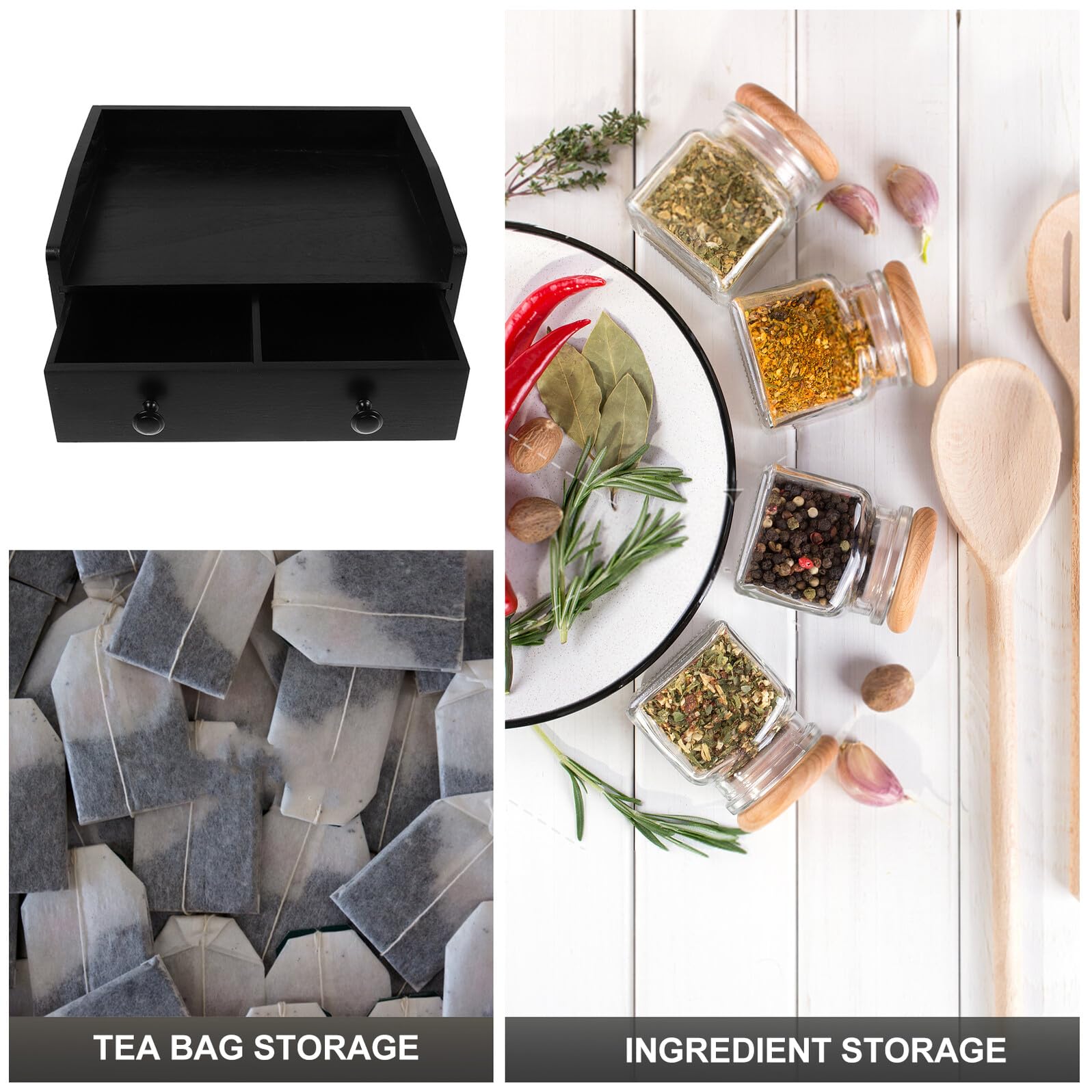 Cajón Organizador Multiusos para Escritorio y Bolsitas de Té, Caja de Madera Negra con Diseño Compacto, Almacenamiento de Café y Especias para Cocina y Oficina, Gran Capacidad