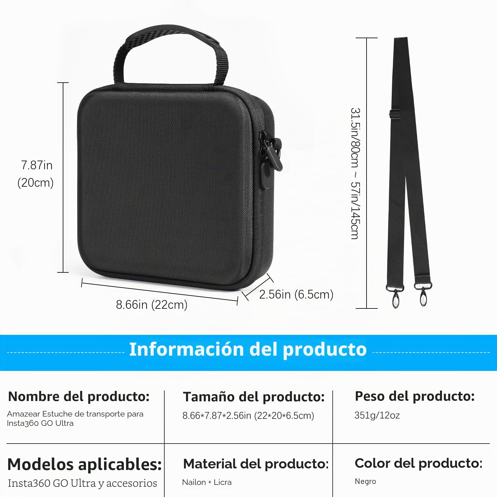 AMAZEAR Funda de Transporte para Accesorios Insta360 GO Ultra - Bolsa de Viaje Impermeable con Correa, Estuche Rígido para Protección y Organización, Negro
