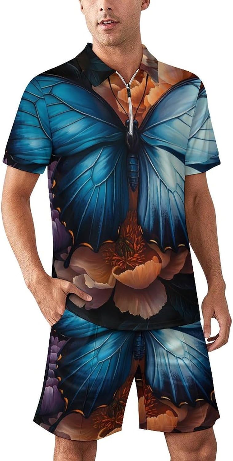 Blue Butterfly Peony Florals Mens Polo Shirts Track Suits 2 Piece Short Sleeve Sweatsuit 1/4 Zip Golf Loungewear for Sports