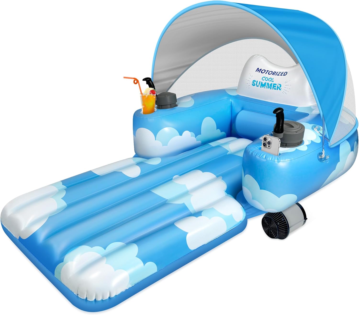 KPCB Tech Motorized Pool Float with Canopy, Rechargeable Motorized Floats for Adults with Dual Motors, Lake Floats Adult Size with Cup Holder for Party
