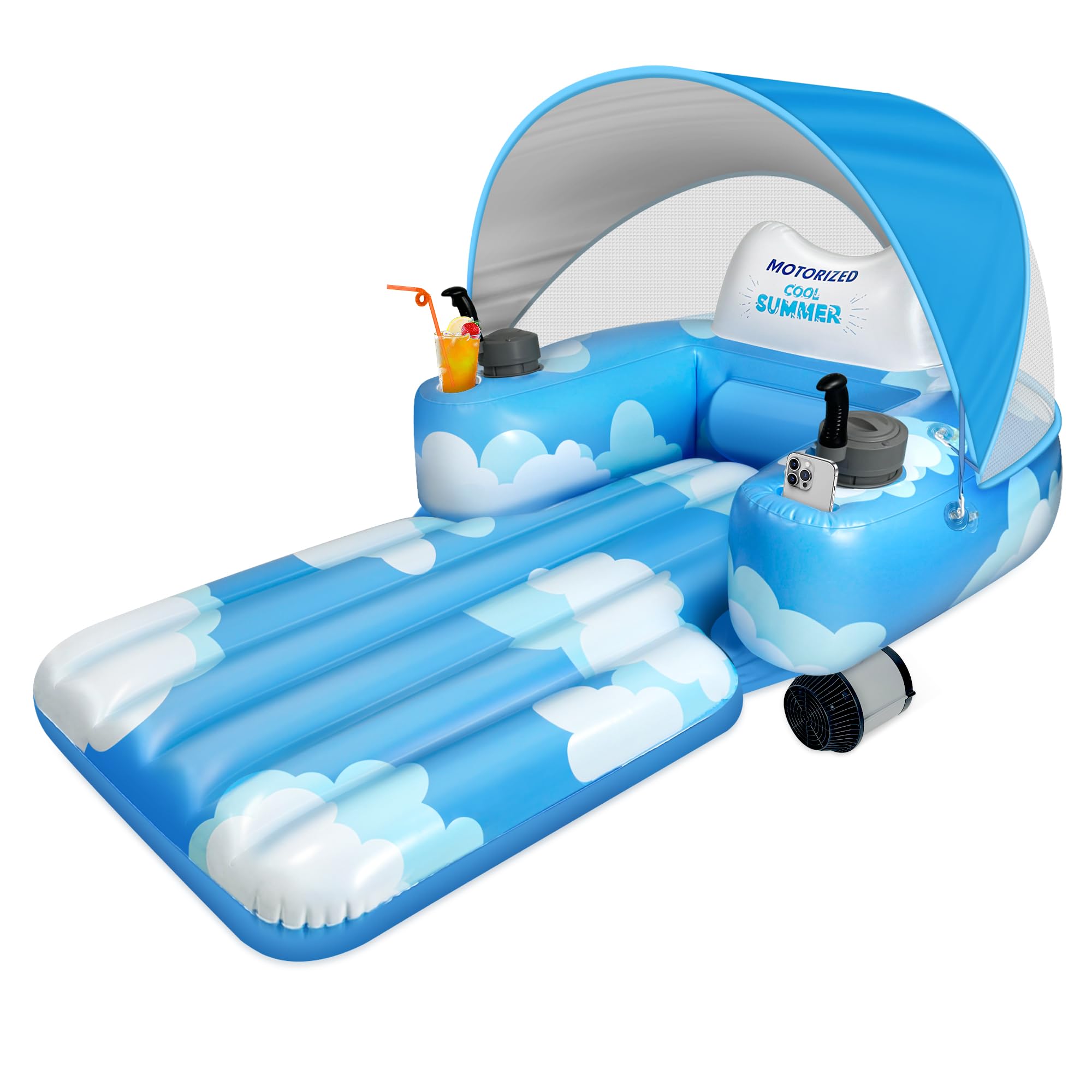 KPCB Tech Motorized Pool Float with Canopy, Rechargeable Motorized Floats for Adults with Dual Motors, Lake Floats Adult Size with Cup Holder for Party
