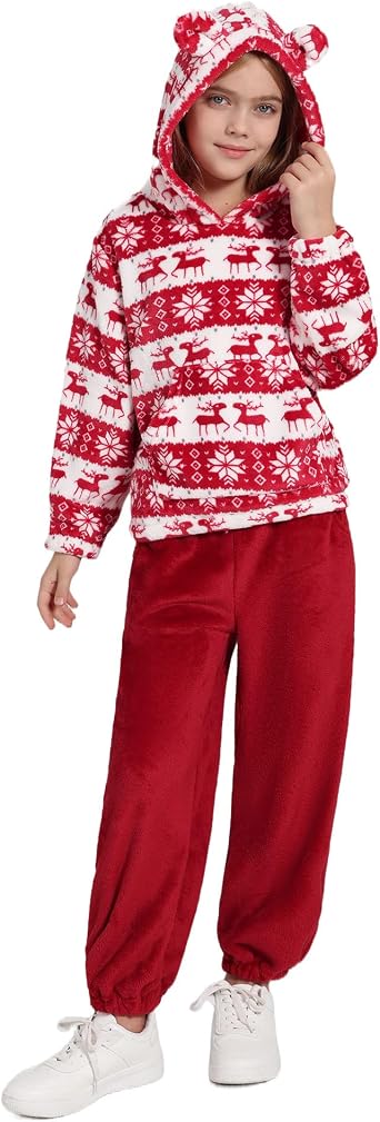 Girls 2 Piece Outfits Cozy Fleece Bear Ear Hoodie Sweatshirt & Sweatpants Set Fall Winter Warm Sweatsuit for Kids 6-14Y
