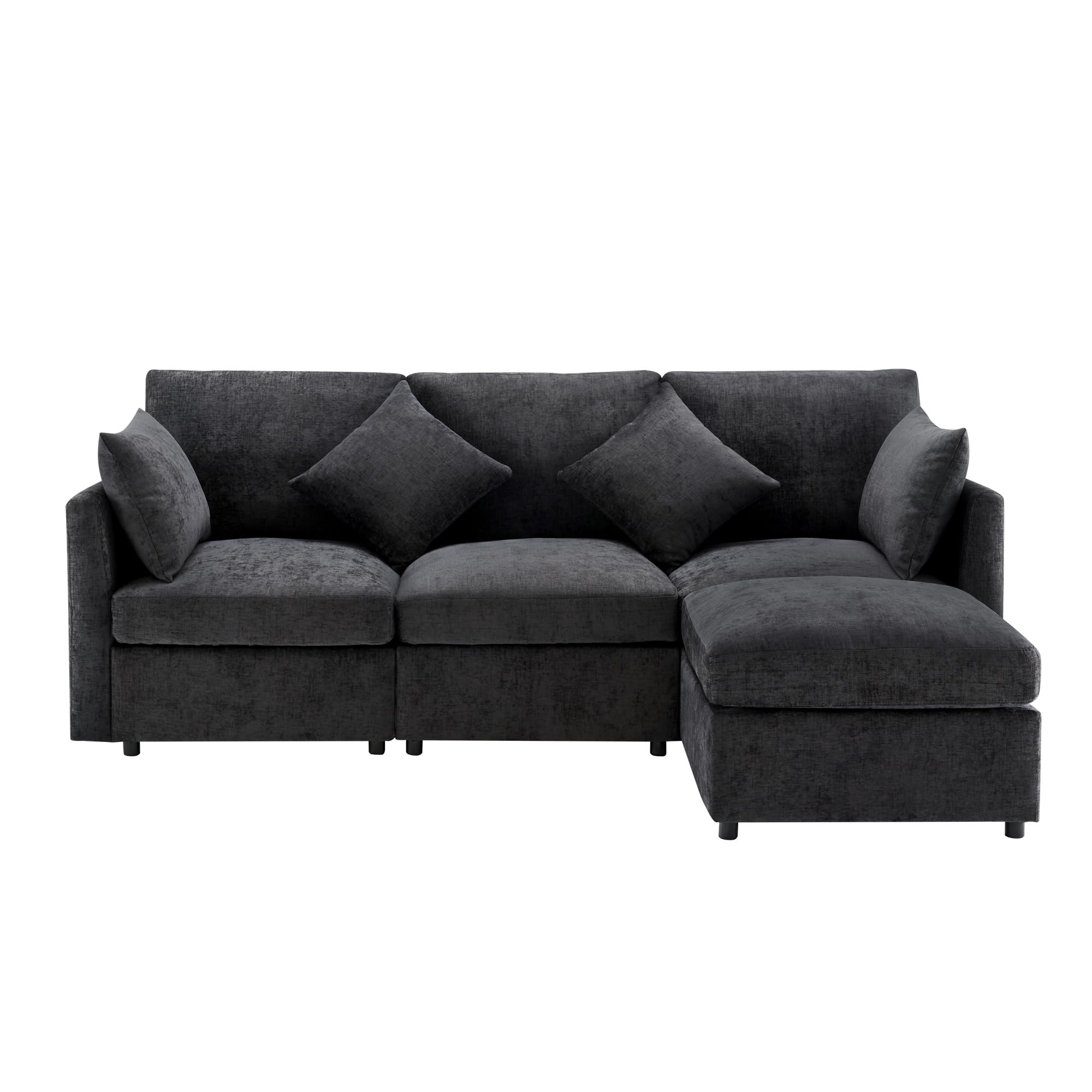 Azkoeesy Moderno divano angolare a forma di L con poggiapiedi, 3-4 posti, in ciniglia, con 4 cuscini, per soggiorno, 216 x 161 x 81 cm (grigio)