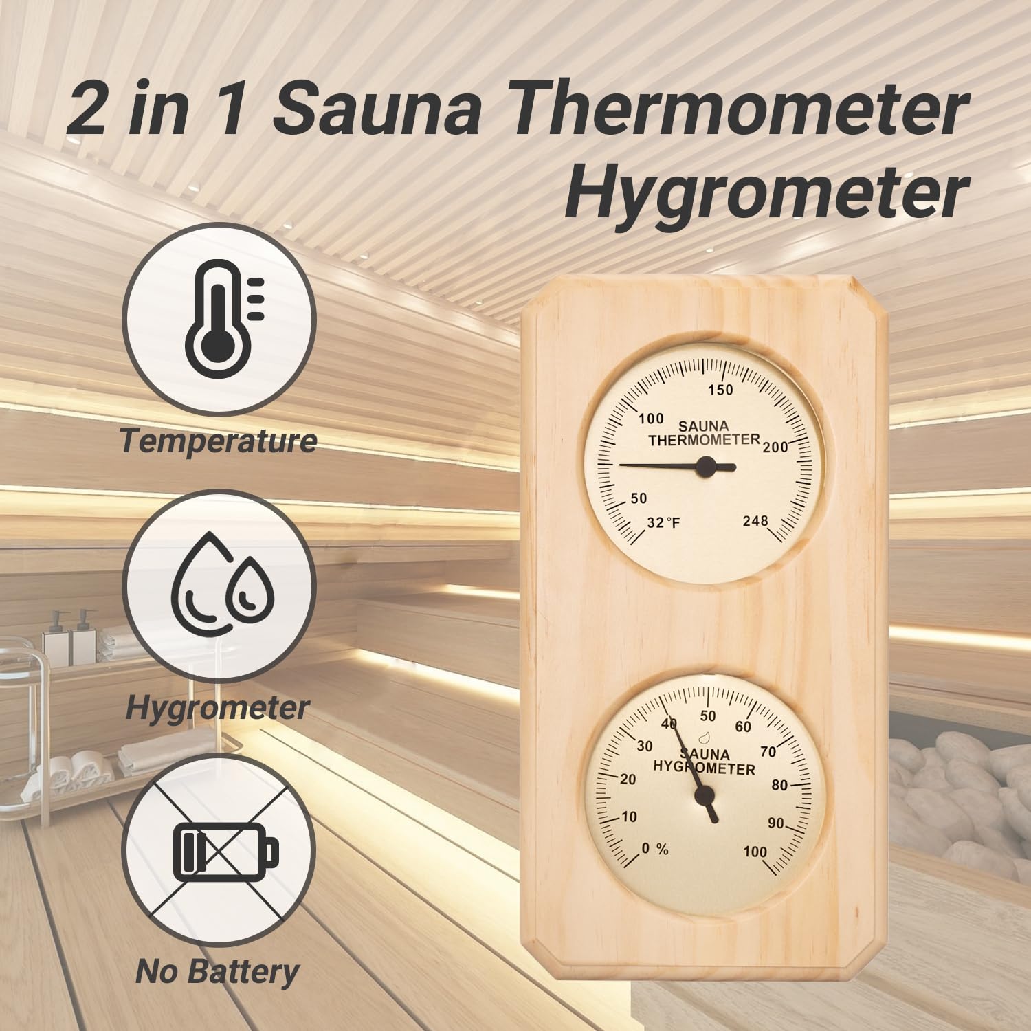Sauna Thermometer and Hygrometer, 2 in 1 Sauna Thermometer Fahrenheit Accessories, Sauna Temperature Gauge for Sauna Steam Room Indoor Humidity Gauge Temperature Monitor Infrared Sauna Accessories