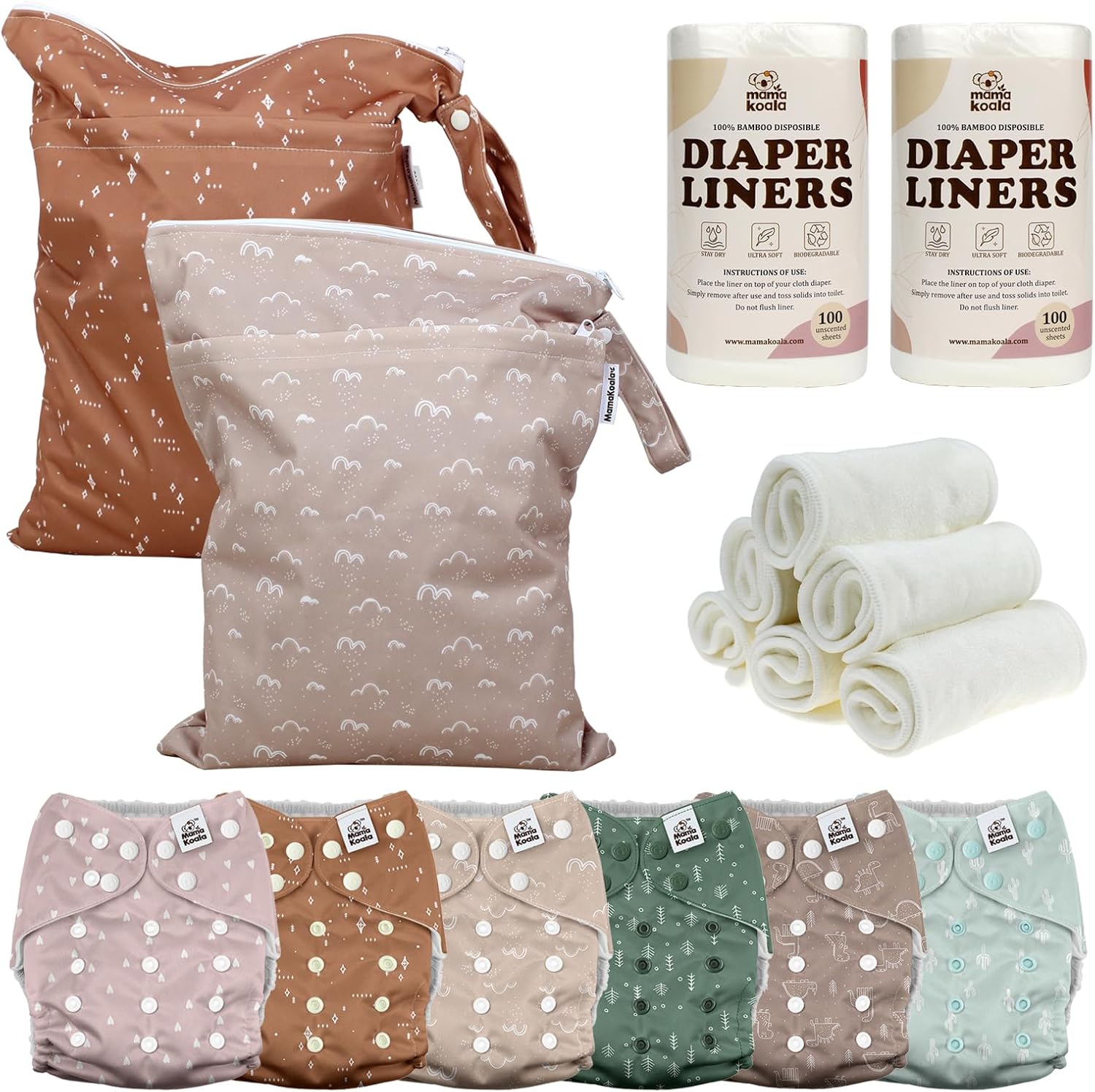 Mama Koala 3.0 Baby Cloth Diapers with 6 Inserts Bundle, with 2 Pack Wet Dry Bags, and 2 Rolls Natural Liners