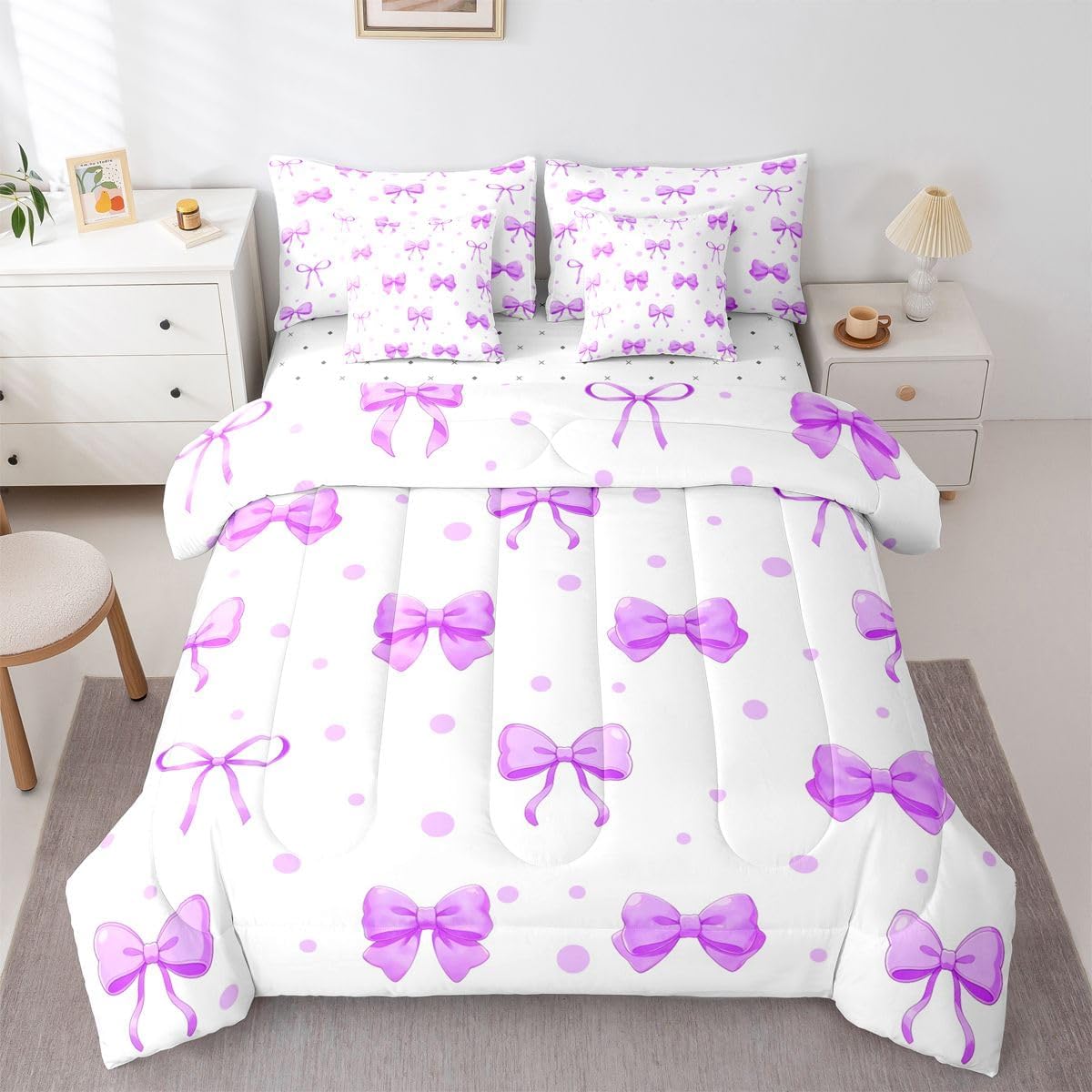 Erosebridal Coquette Bowknot Comforter Set Purple Bow Tie Bed in A Bag Queen Size 7 Pieces Bow Decor Bed Set Room Decor Princess Bedding with Sheets