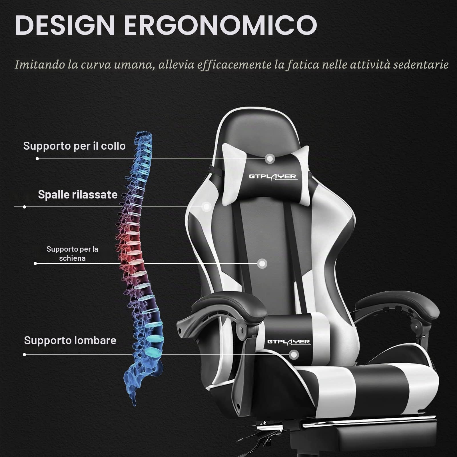 GTPLAYER Sedia da gaming massaggiante ergonomica per computer, con poggiapiedi e supporto lombare, regolabile in altezza, sedile girevole a 360° e poggiatesta, per ufficio, colore bianco