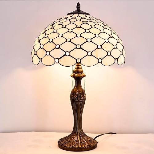 Miniatura 4 de WERFACTORY Tiffany - Lámpara de mesa de cristal de 16 x 16 x 24 pulgadas, lámpara de lectura con cuentas de perlas de color crema, luz de lectura de