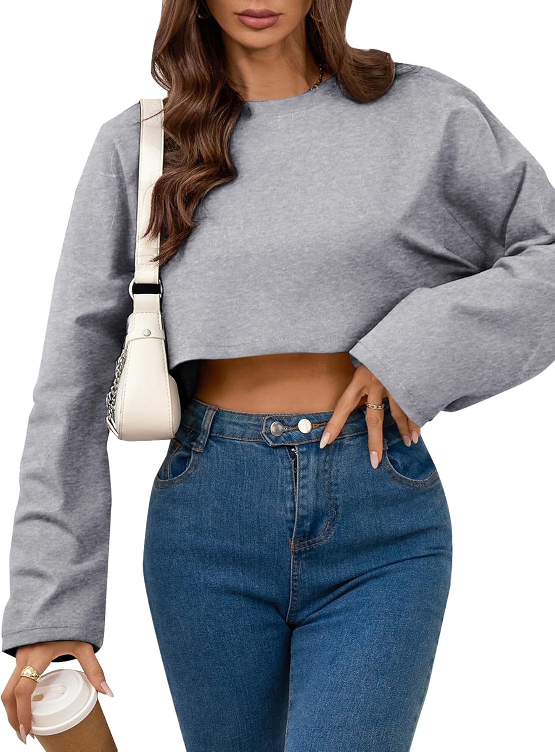 LovelyWholesale Women Long Sleeve Cropped Sweatshirt Oversized Crew Neck Workout Tops Grey N Large - Image 5
