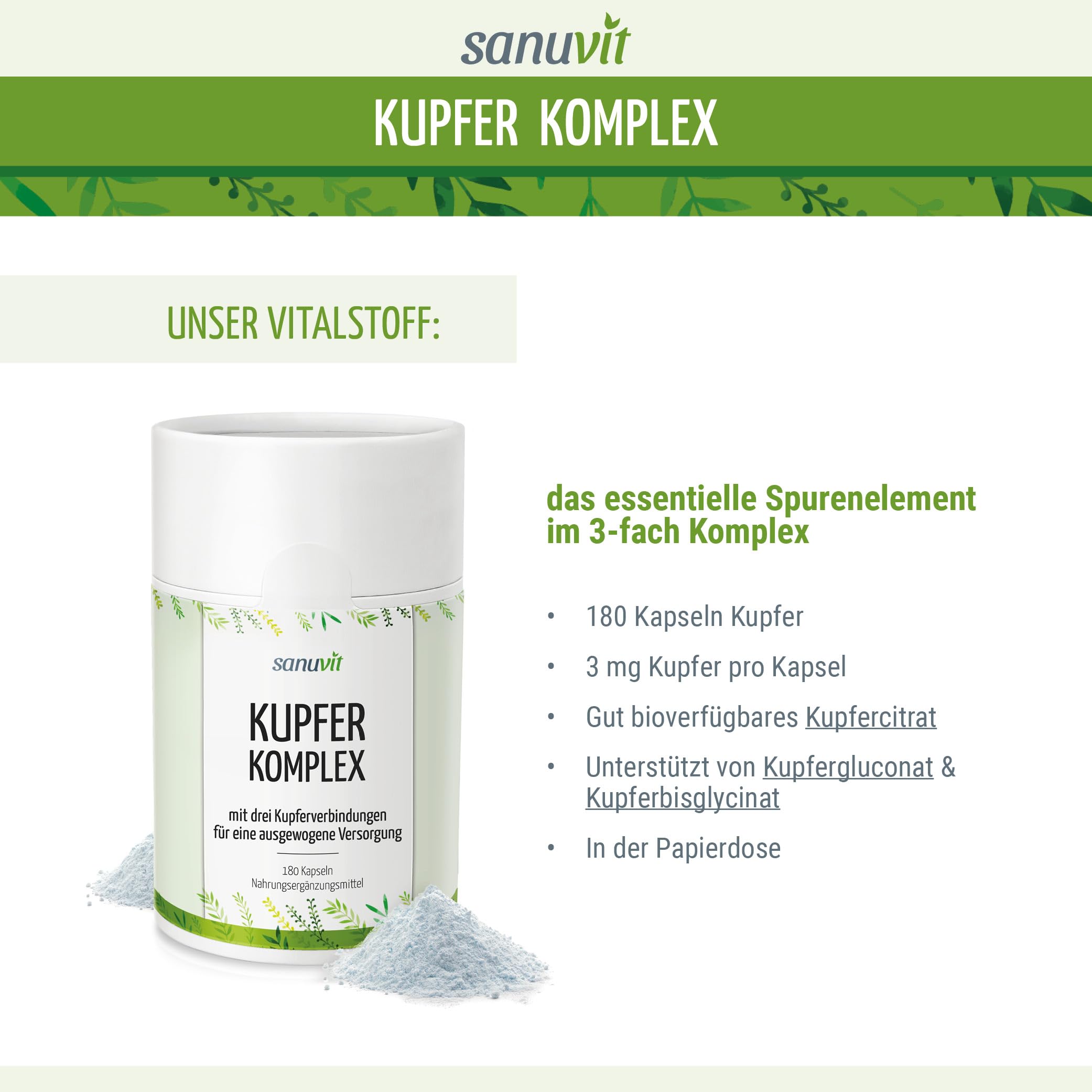 Sanuvit® - Kupfer Komplex 3 mg | 180 Kapseln | Komplex aus 3 Kupferverbindungen | Kupfercitrat, Kupfergluconat & Kupferbisglycinat | Verbesserte Bioverfügbarkeit | Vegan | Qualität aus Österreich