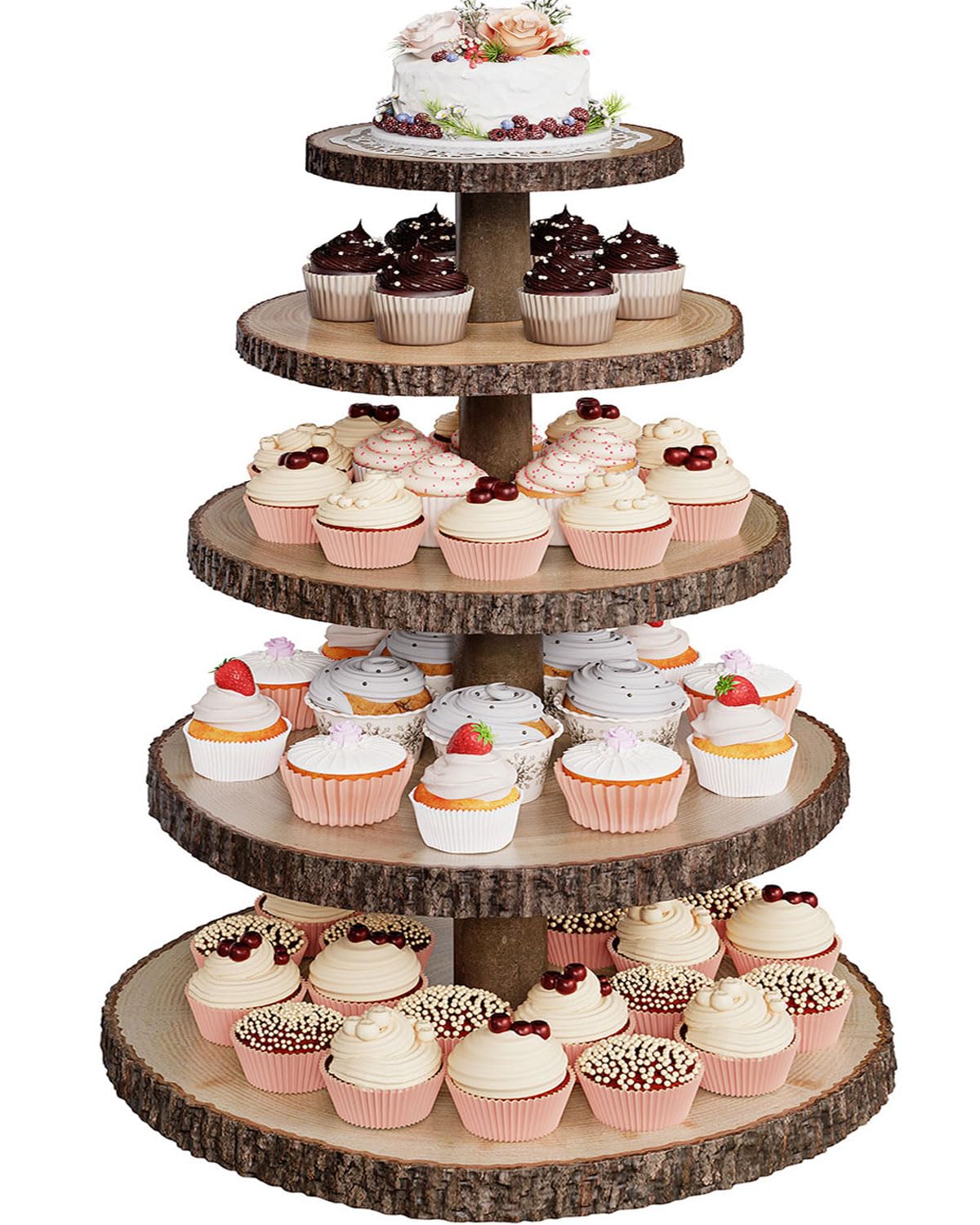 Photo 1 of SANYOUNG Wood Cupcake Stand, 5 Tier Wooden Cupcake Tower, Large Rustic Cake Display Holder Stand for Woodland Baby Shower, Wedding, Birthday, Tea Party, Farmhouse Dessert Table Decorations