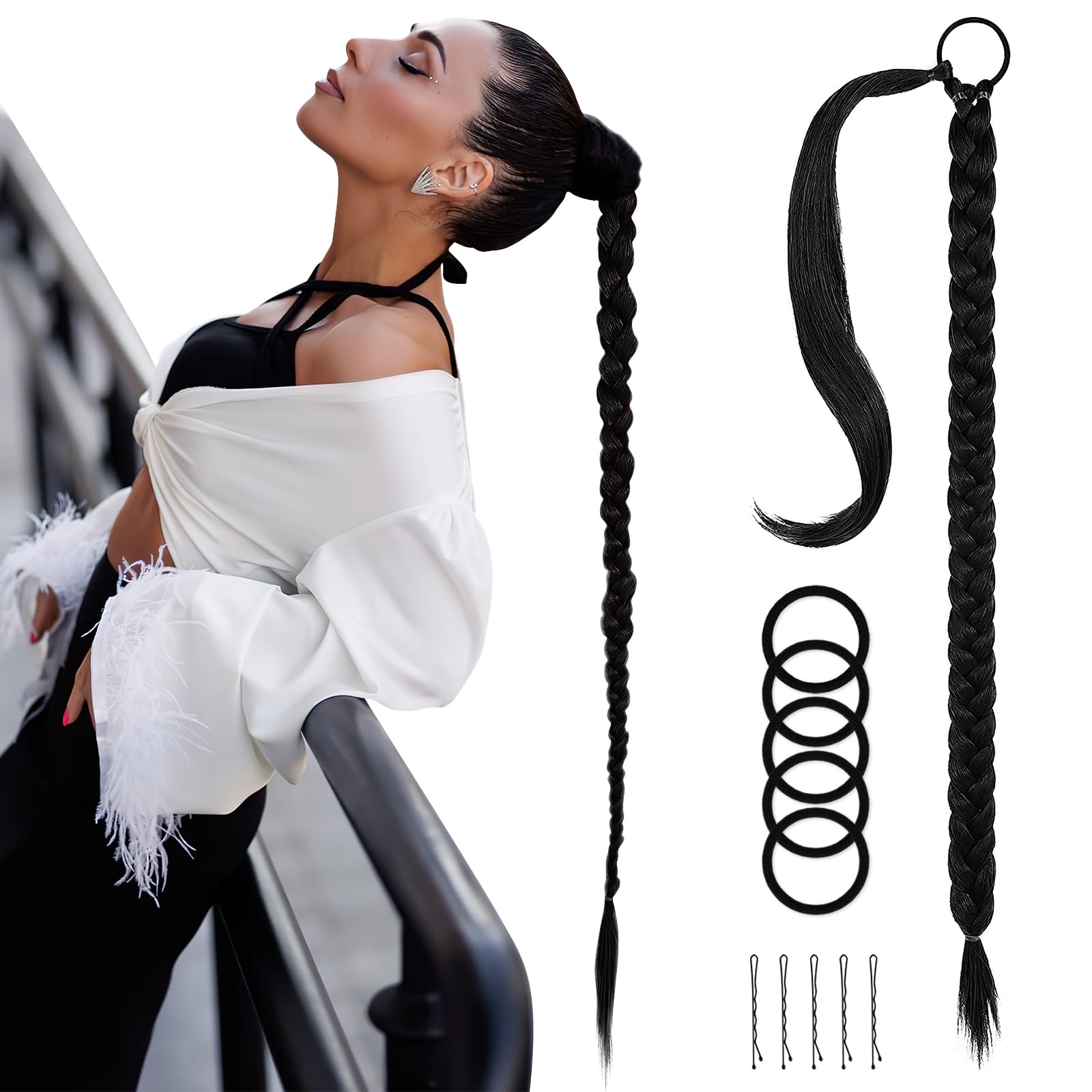 Extensiones de Pelo Coleta Trenzada, Trenza Postiza Pelo Natural Extensiones de Cabello Coleta Postiza de Pelo Larga para Mujeres Envolvente Ponytail Sintético Extensiones con Horquilla de Goma, Negro