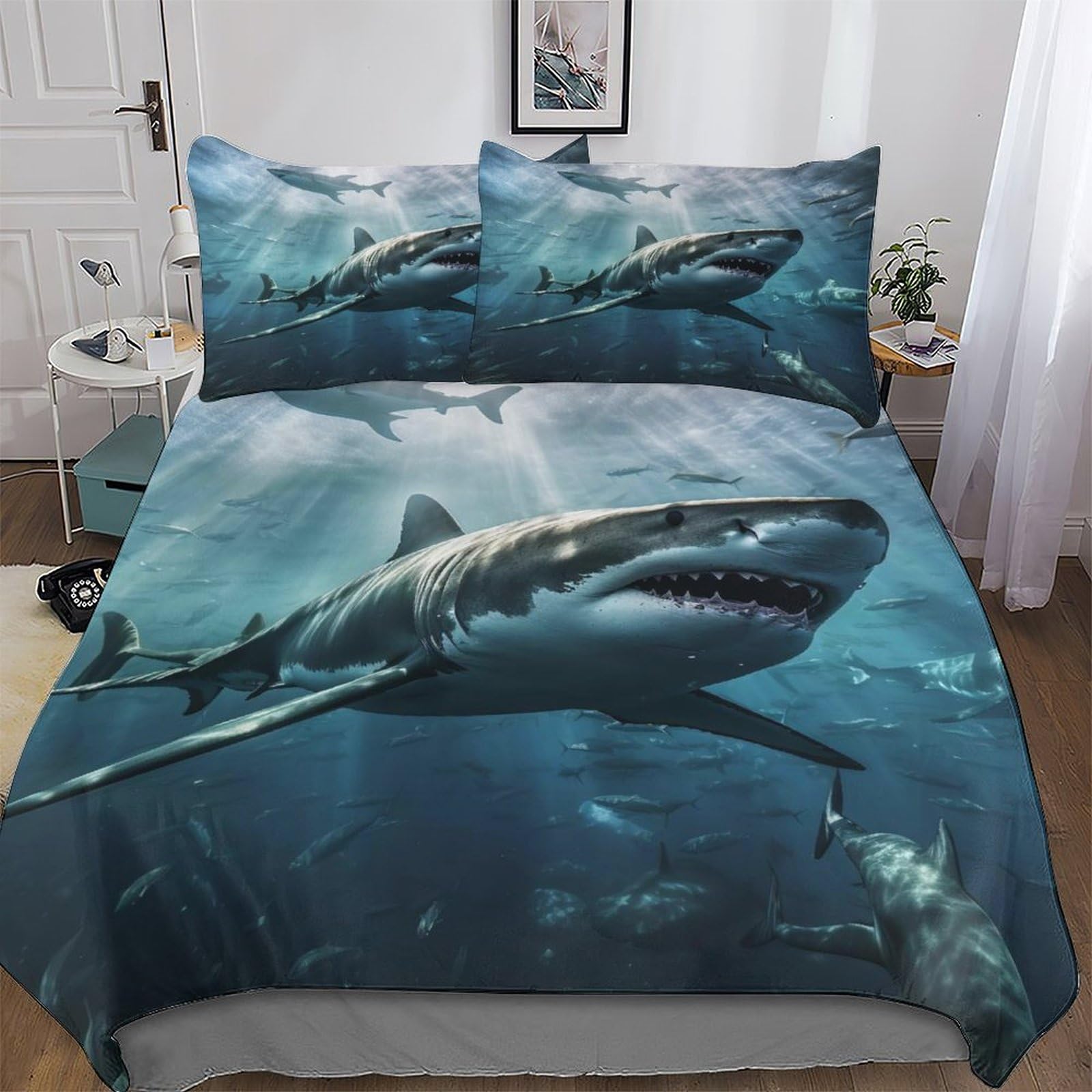LLXXHH Shark Printed Duvet Cover Set for Boys Girls Kids Teens Bedding Soft Microfiber Bedspread Quilt Covers with Pillowcase Single(135x200cm)