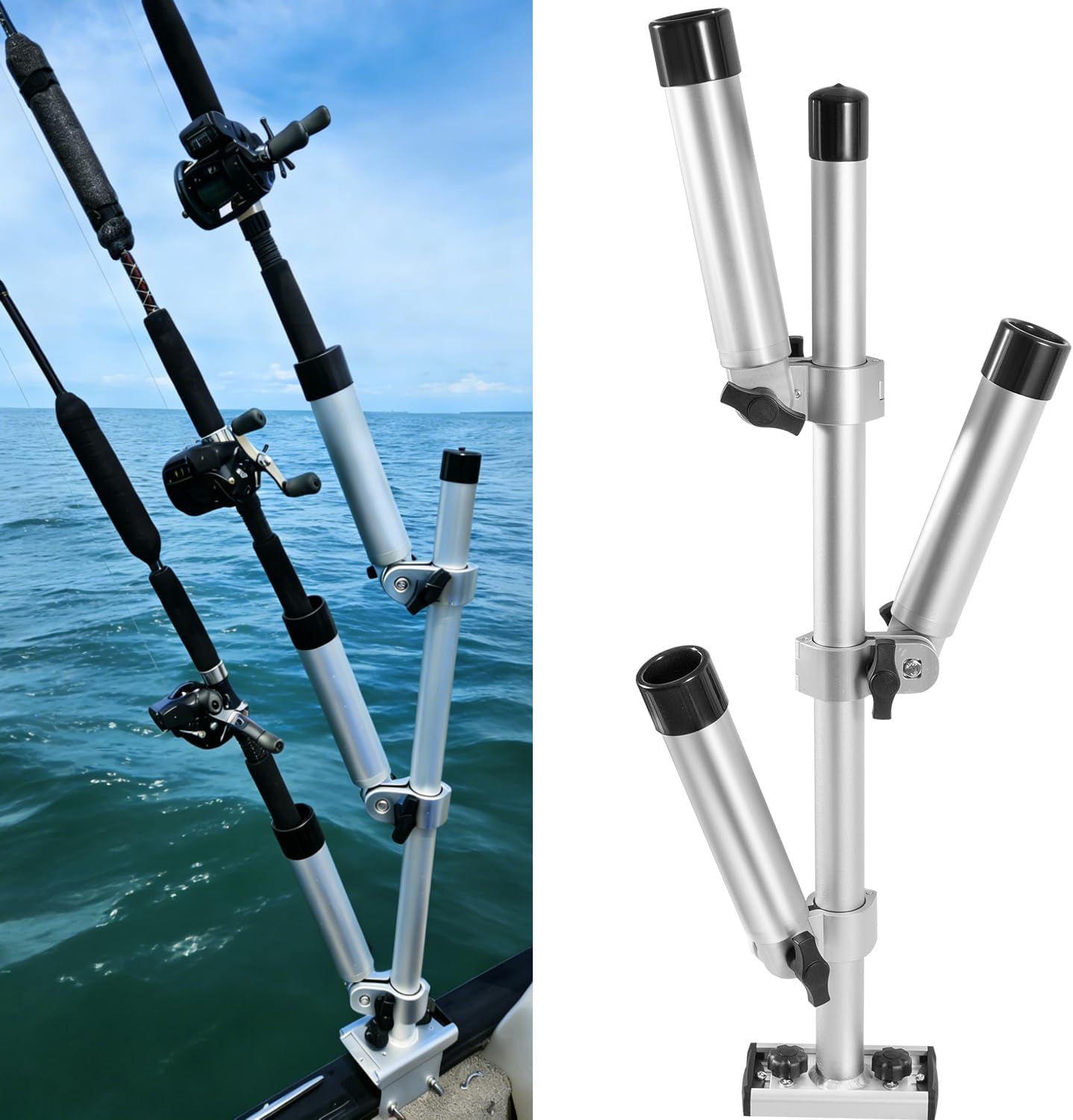 Triple Rod Tree for Boats, Heavy-Duty Marine-Grade Aluminum Rod Holder System, 360° Horizontal & 180° Vertical Swivel, Quick-Install Track Mount for Crappie, Bass & Panfish Trolling