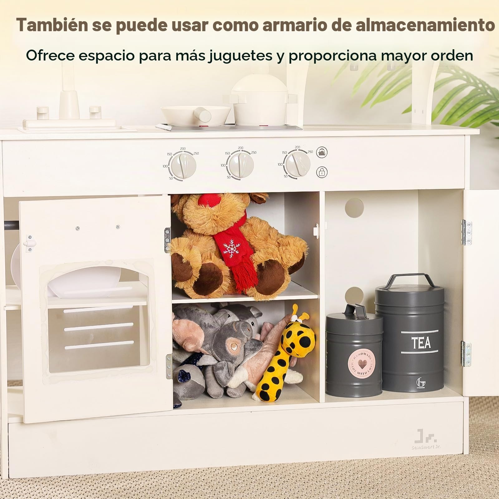 SainSmart Jr. Cocinita de madera para niños, color crema – con luz y sonido, dispensador de hielo, microondas, horno y fregadero, gran cocina infantil con accesorios, juego de rol a partir de 3 años