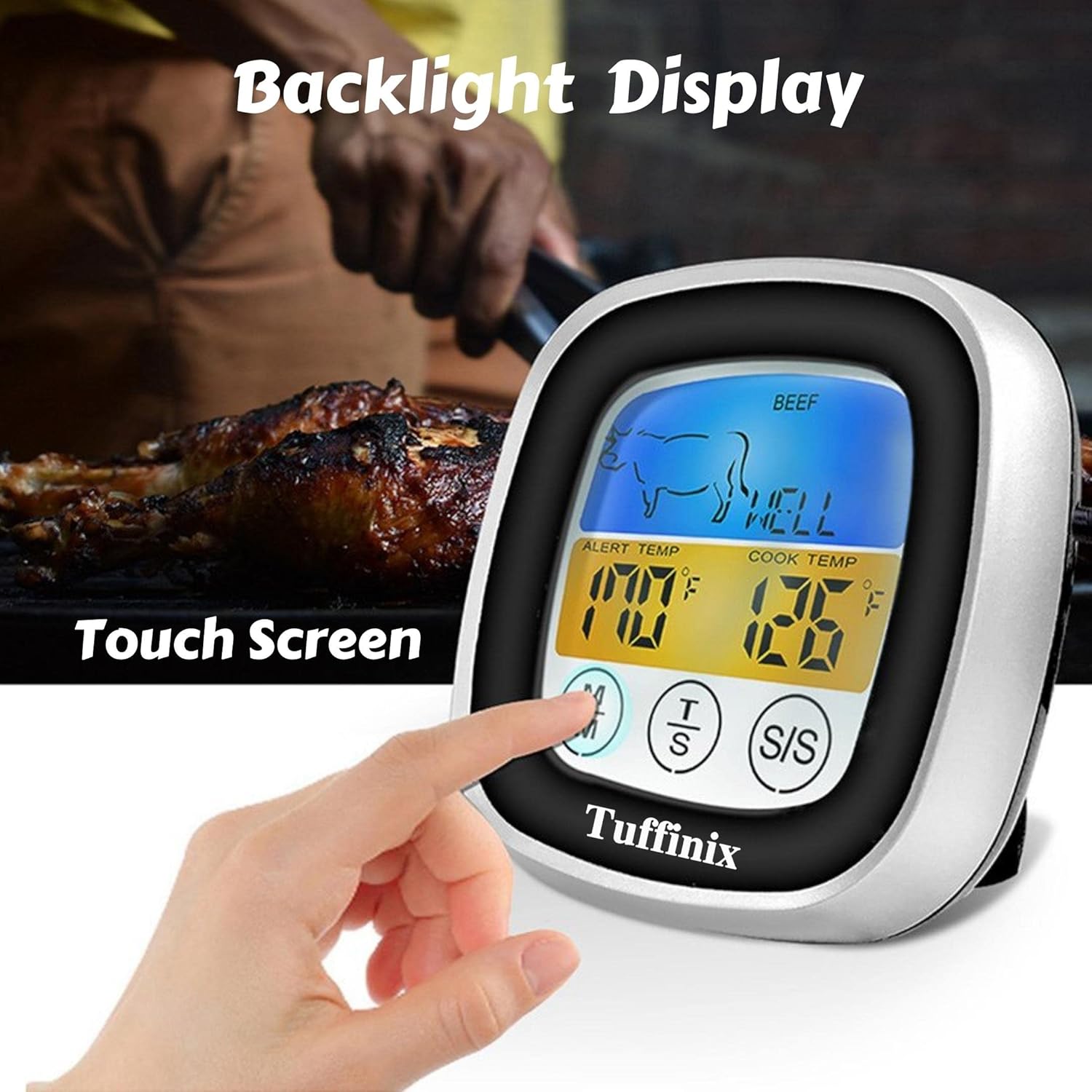 review Digital Touchscreen Meat Food Thermometer - Tuffinix Instant Read Meat Thermometer 40in Probe Kitchen Cooking Thermometer with Timer Function Oven Safe for BBQ Frying Pan Smoker Cooking