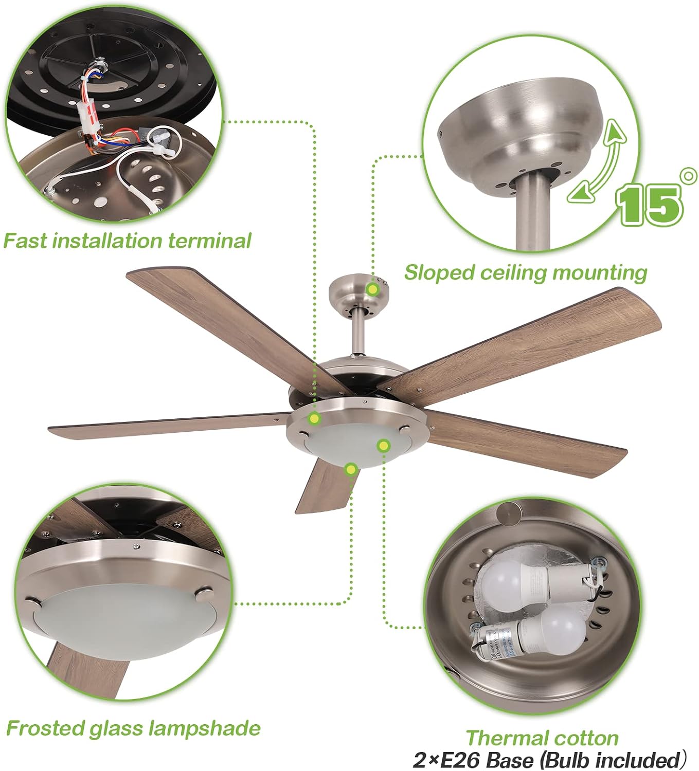 hykolity 52 Inch Ceiling Fans with Lights(2*E26 Base Bulb Included) Remote Control, Reversible Motor and Blades, ETL Listed, for Patio Living Room, Bedroom, Office - Brushed Nickel