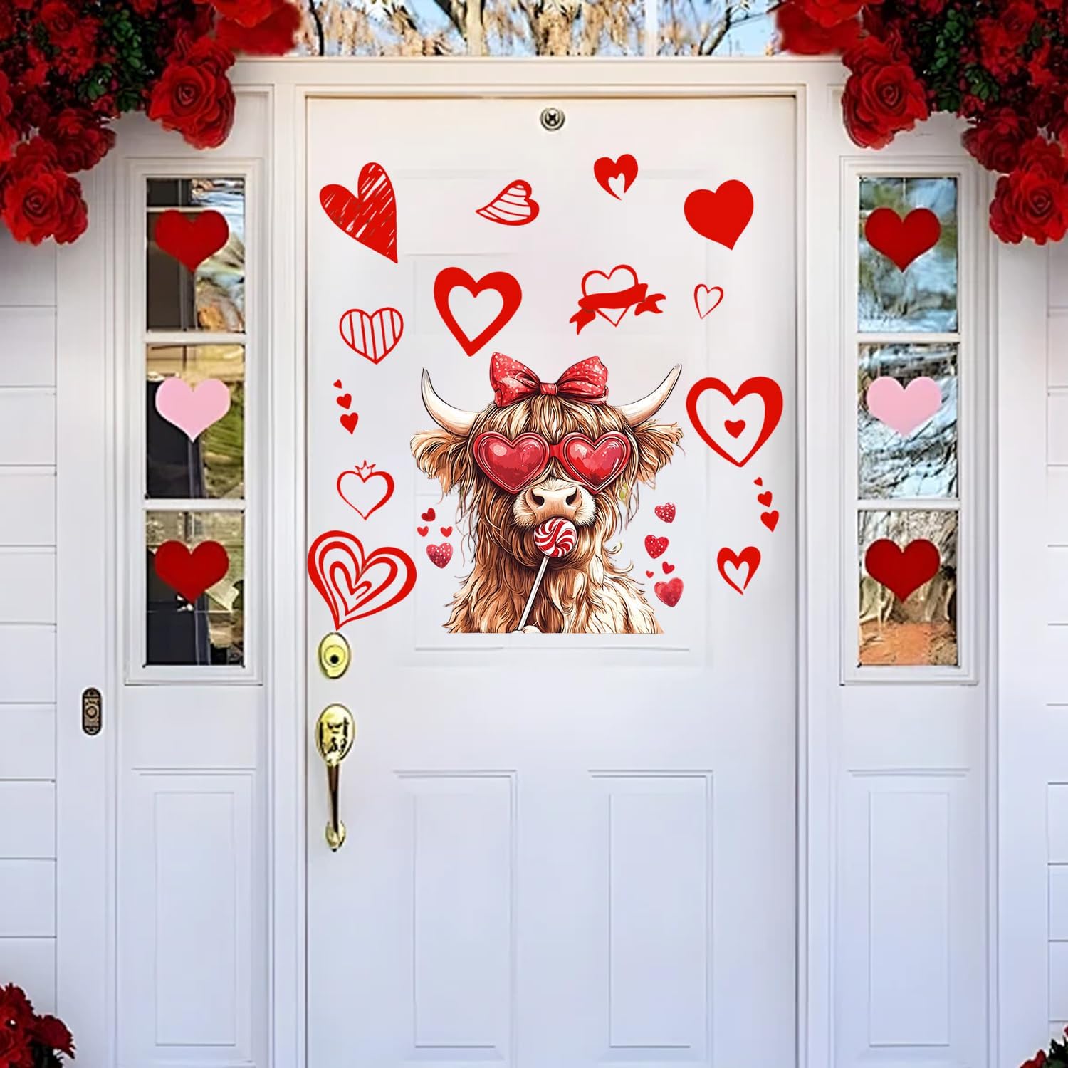 Valentine's Day Window Clings Funny Highland Cattle Window Stickers with Different Heart Design Window Decal for Wedding Anniversary Party Glass Door Display Decorations 1 Pcs image 5