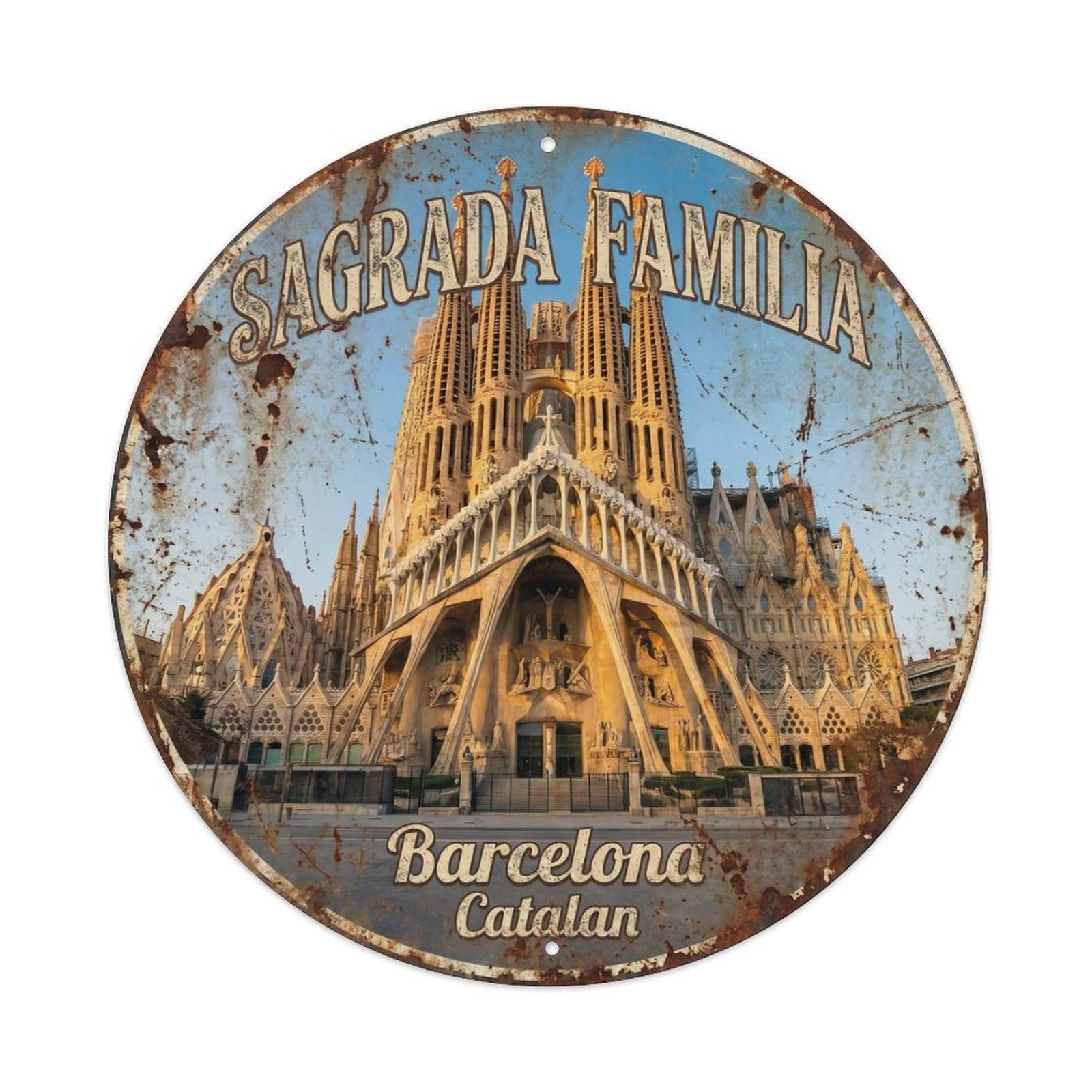 Catalan Barcelona Basilica Vintage Travel Landmark Heritage Metal Tin Sign Plaque Wall Decor for Cafe, Man Cave, Club Bar, Office, Home Garden Round Metal Poster 8x8Inch