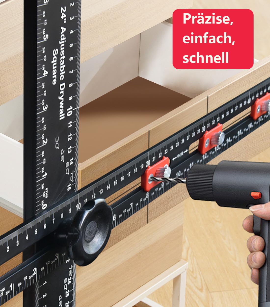 4-in-1 Aluminium Bohr-Positionierungslineal mit Doppel-Wasserwaage – Präzisions-Werkzeug für Holzbearbeitung | Verstellbare Länge/Winkel | für Regale & Möbelbau | 400mm Präzisionslineal