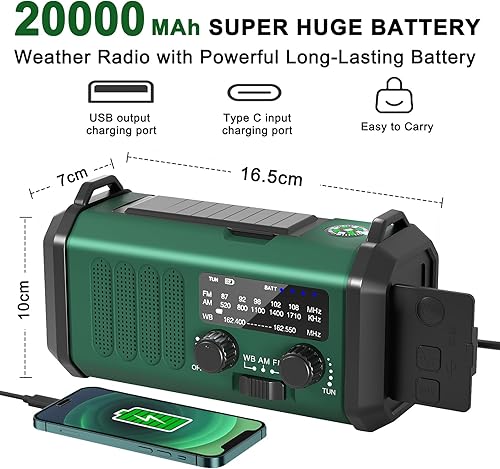 Miniatura 25 de Radio de manivela de 10000 mAh, radio de emergencia, radio solar, radio meteorológica NOAA/AM/FM, carga USB tipo C, radio de dinamo, batería de Verde