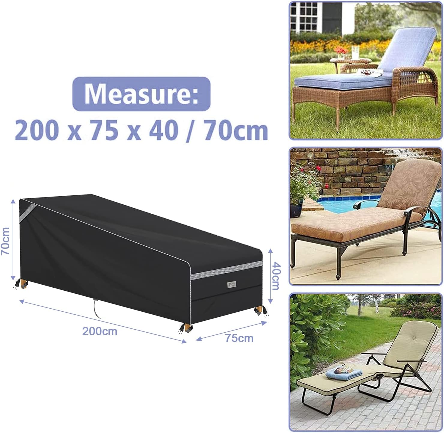 2PCS Housse de Chaise Longue de Jardin, 200 x 75 x 40/70 cm Housse de 2PCS Housse de Chaise Longue de Jardin, 200 x 75 x 40/70 cm Housse de