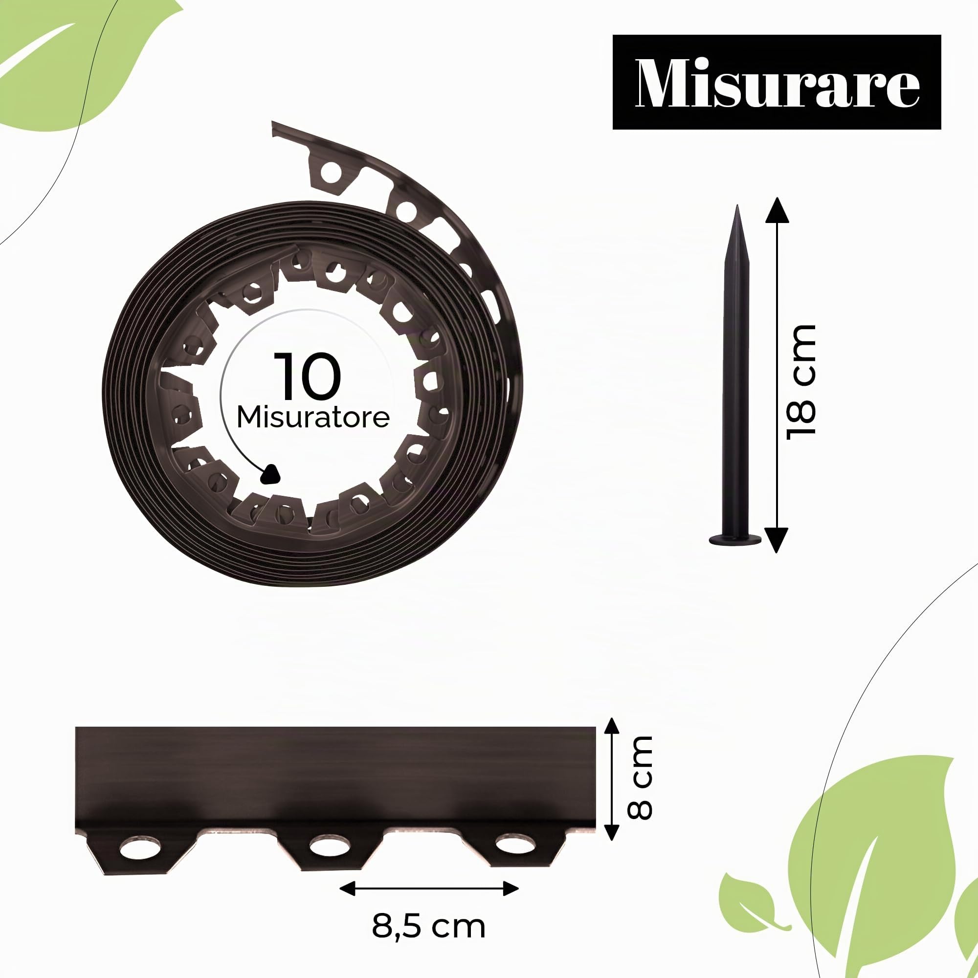 GARDENIX Bordo flessibile per prato in plastica, marrone, 10 m, 20 ancore, altezza 8 cm, resistente alle intemperie, bordo rotondo per aiuole, per giardini e robot tosaerba
