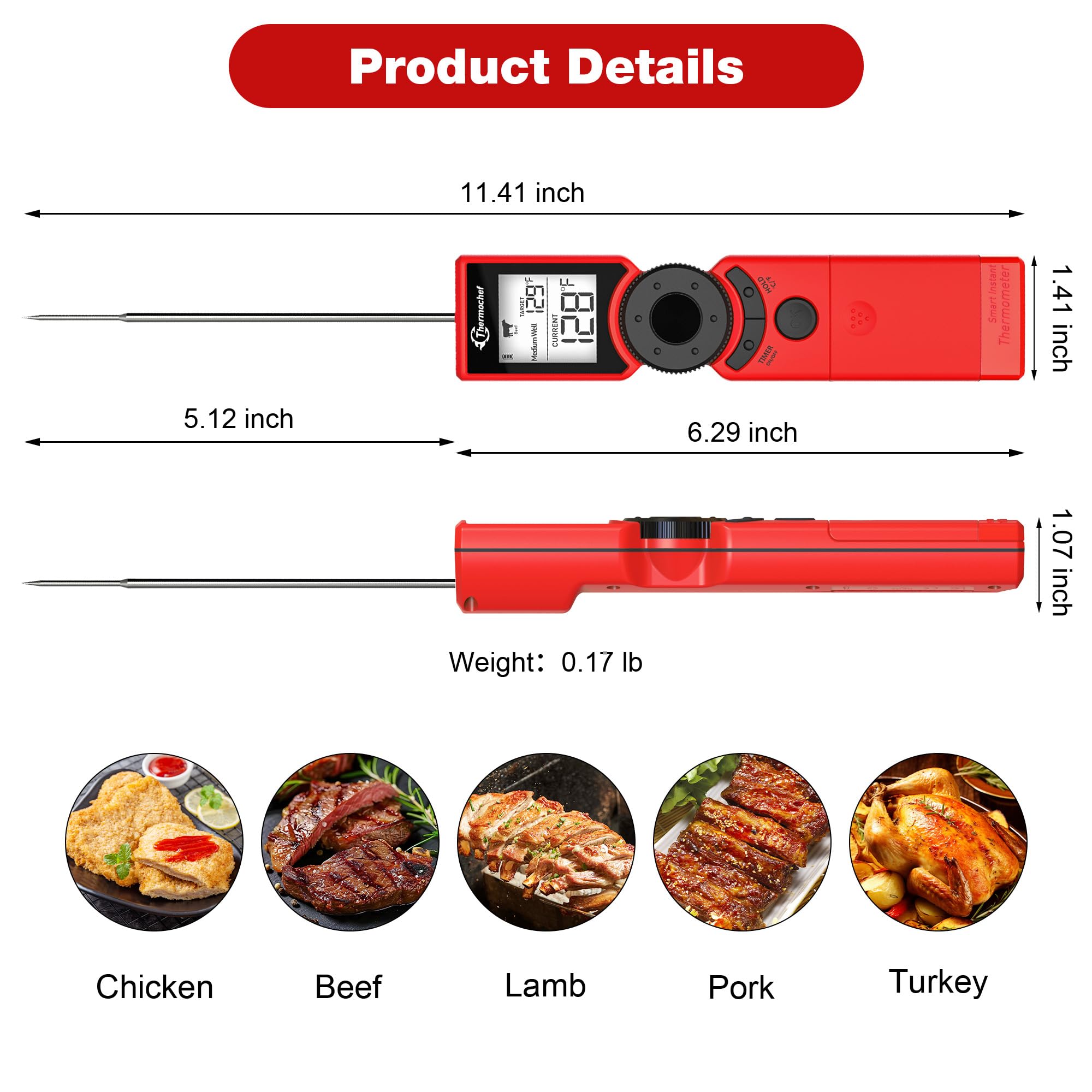 Termómetro digital para carne de lectura instantánea para asar, alta precisión ± 1% ℉, pantalla retroiluminada con encendido y apagado automático, termómetro de alimentos de modo