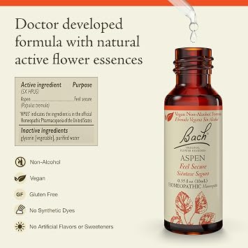 Bach Original Flower Remedies, Aspen (Non-Alcohol Formula) - Feel Secure - Natural Homeopathic Flower Essence for Emotional Balance - Vegan, Gluten Free, Sugar Free - 10mL Dropper