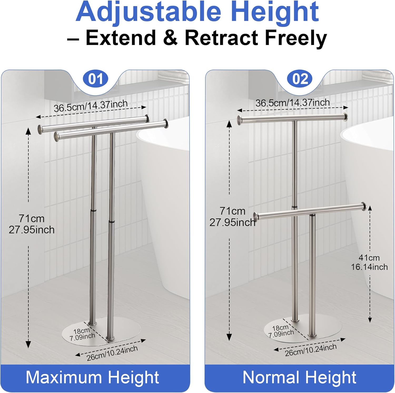 BVL Standing Towel Rack Brushed Nickel 2 Tiers Stainless Steel Adjustable Towel Drying Rack for Bathoom