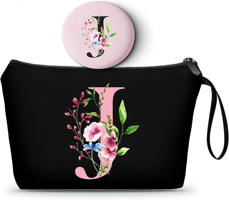 Necessaire de maquiagem SEAMOON com espelho e inicial J, preta, 1 unidade
