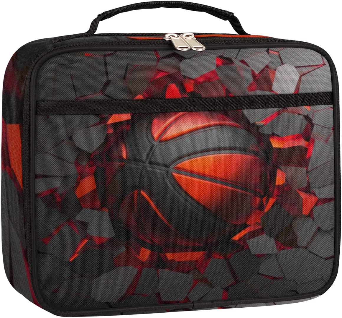 Kids Lunch Box for Boys Girls Black Red Sport Basketball Insulated Lunch Bag Reusable Small Cooler Bag Meal Containers Tote Kit for School Travel Women Men