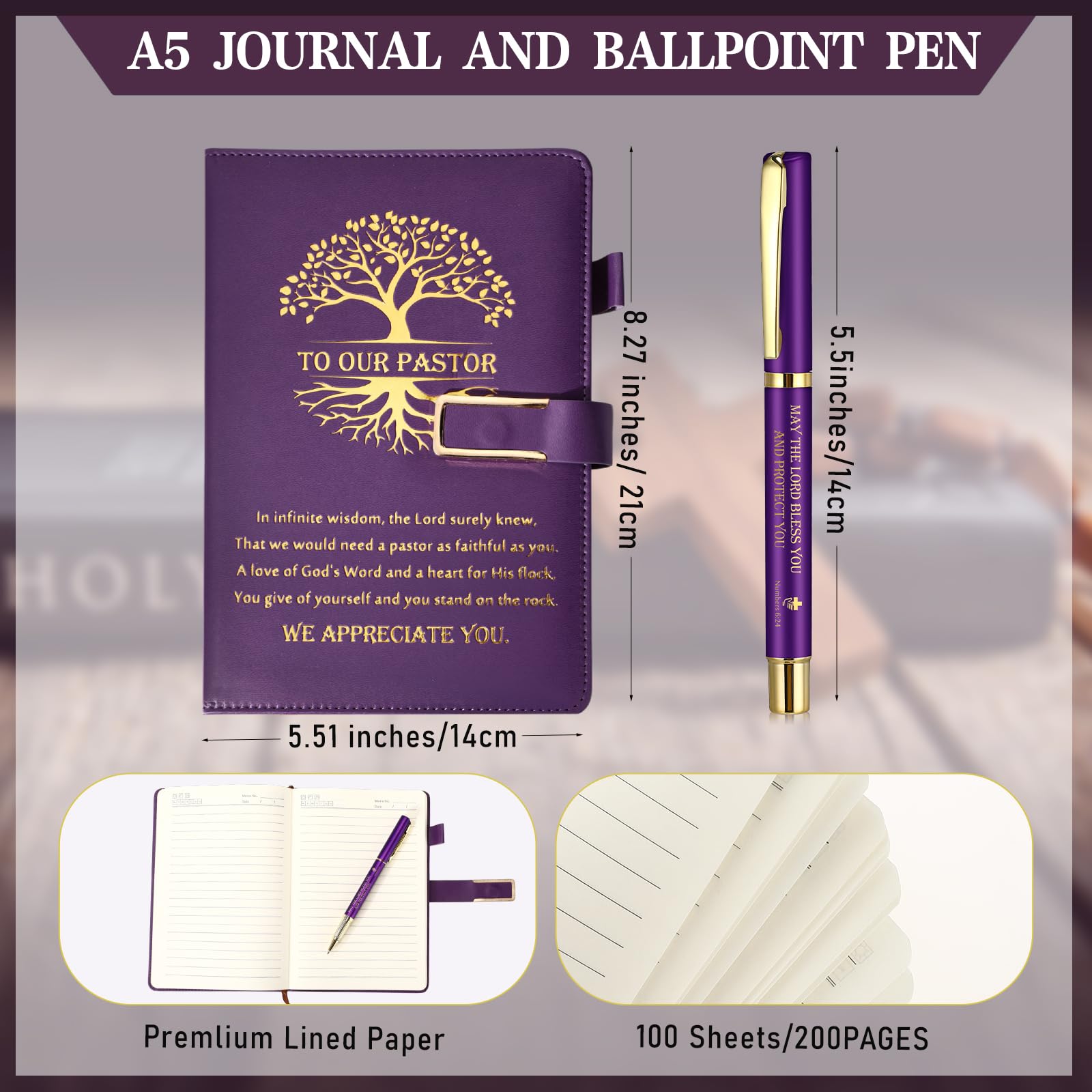 Set mit 3 Pastoren-Wertschätzungsgeschenken – Edelstahlbecher, A5, Tagebuch, inspirierender Kugelschreiber für Pastor, Mann, Ruhestand, Jahrestag, Geburtstag, Geschenk (Roman, Violett)