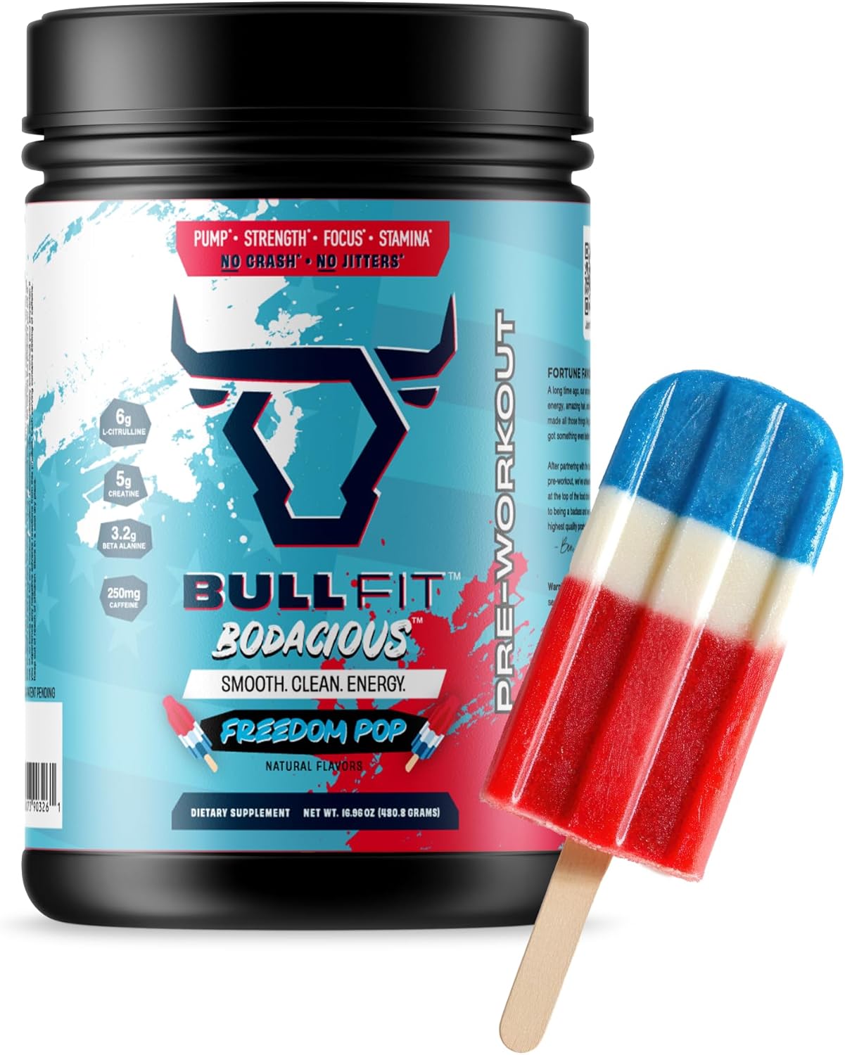 BULLFIT Pre Workout Powder, Support for Men & Women, L Citrulline, Creatine, Beta Alanine & Electrolytes, Powdered Drink Mix with No Sucralose & Zero Sugar, 20 Srvgs (20 SRV, Freedom Pop)