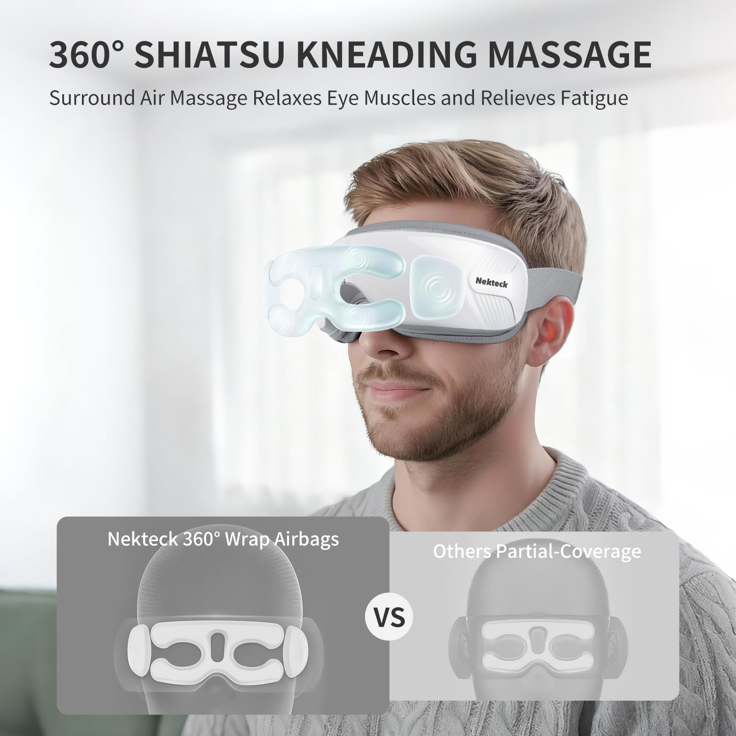 Nekteck Massaggiatore per occhi con calore, maschera per occhi per alleviare l'emicrania, massaggio occhi riscaldato per occhi secchi, relax del sonno, regalo di compleanno per donne e uomini (bianco)