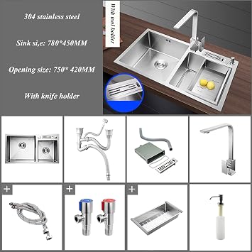 Double Bowl Kitchen Sink, Drop In Sink with Square Faucet and Knife Holders, Top Mount Stainless Steel Sink with Integrated Ledge and Accessories, 31 X 18 inch