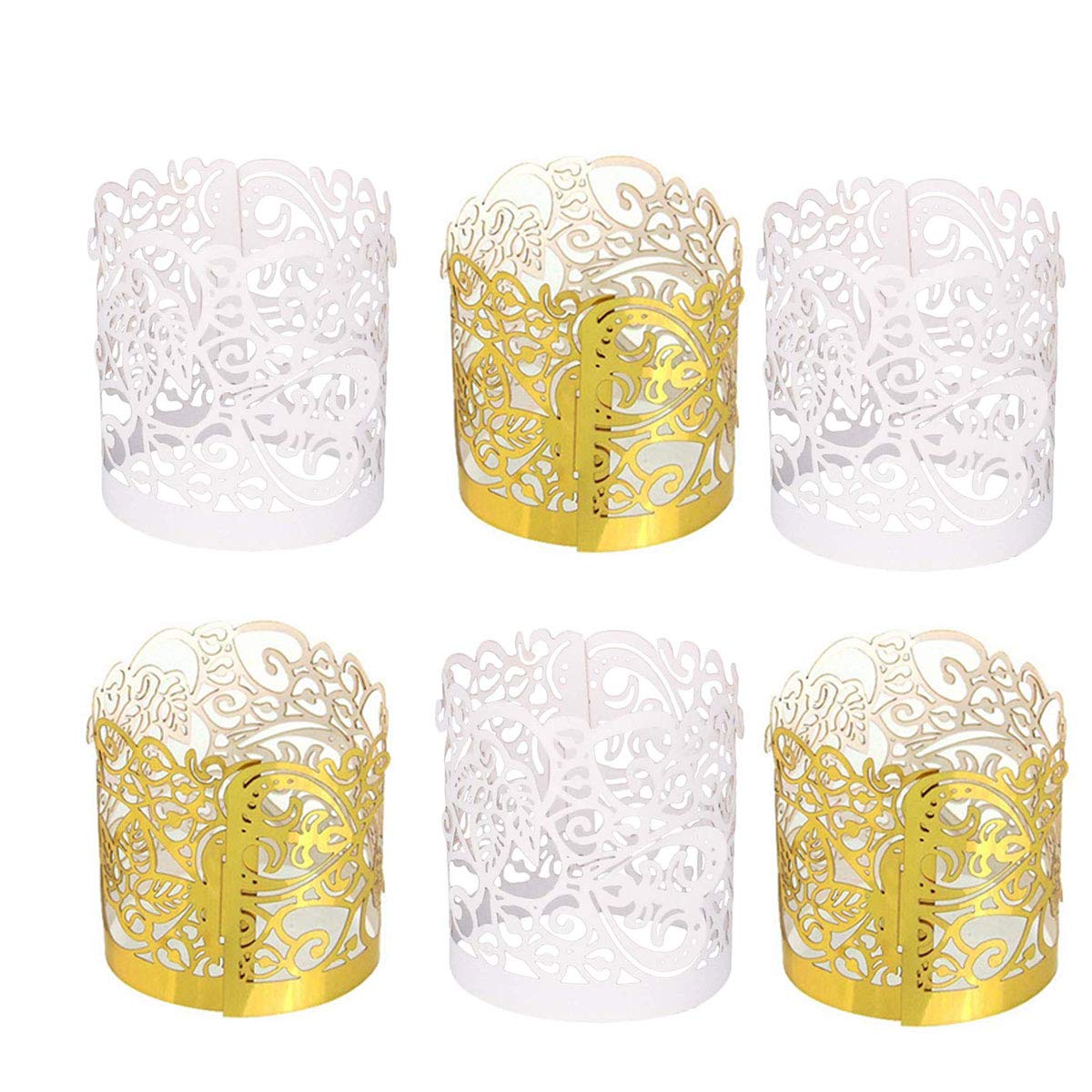 Flameless Candle Wraps, Tea Light Votive Lampshade, 10 Pcs (White, Gold)